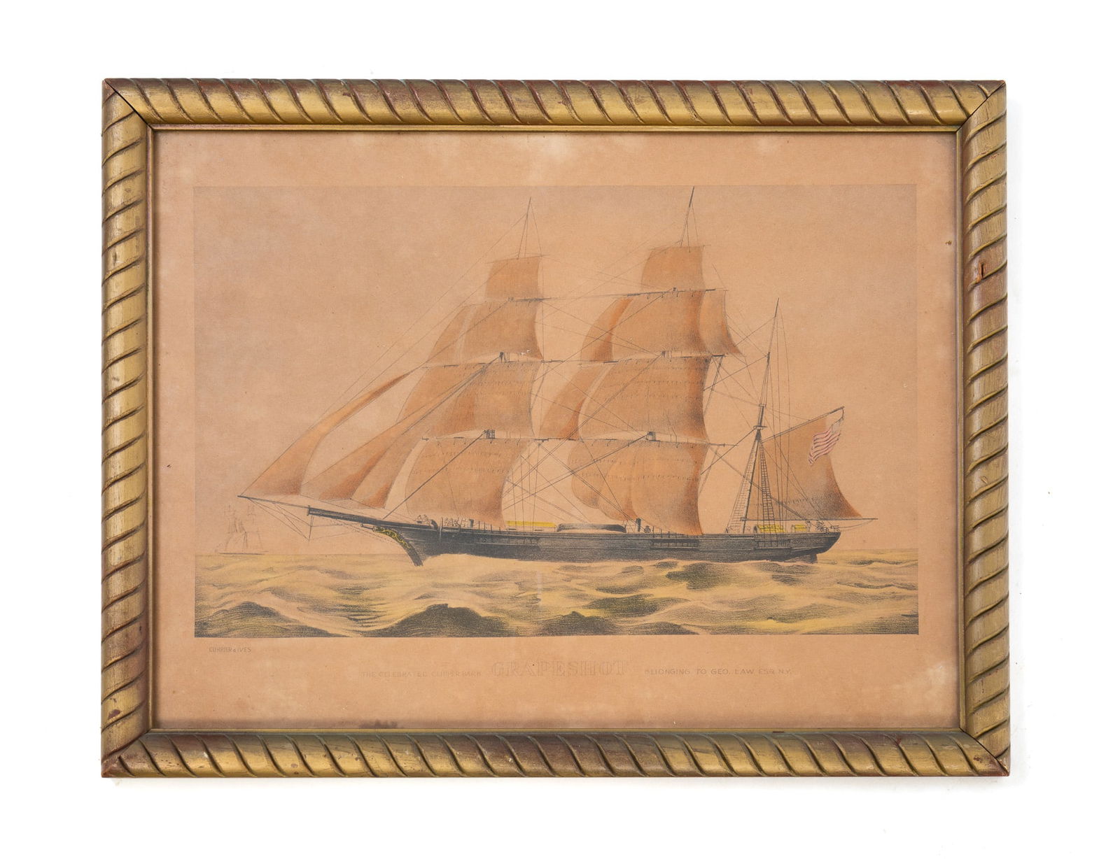 CURRIER AND IVES SAILING SHIP "GRAPESHOT" HAND-COLORED LITHOGRAPH. (1 of 2)