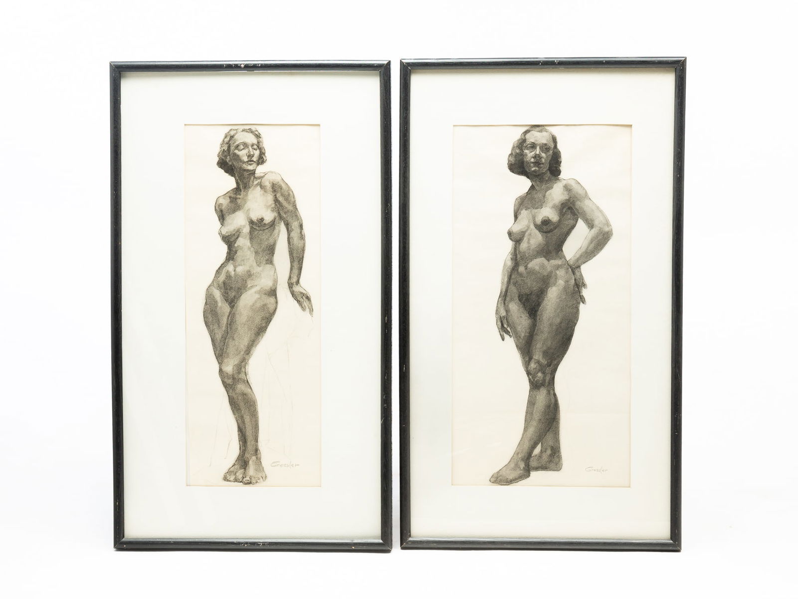 TWO CHARCOAL DRAWINGS OF FEMALE NUDES. (1 of 5)