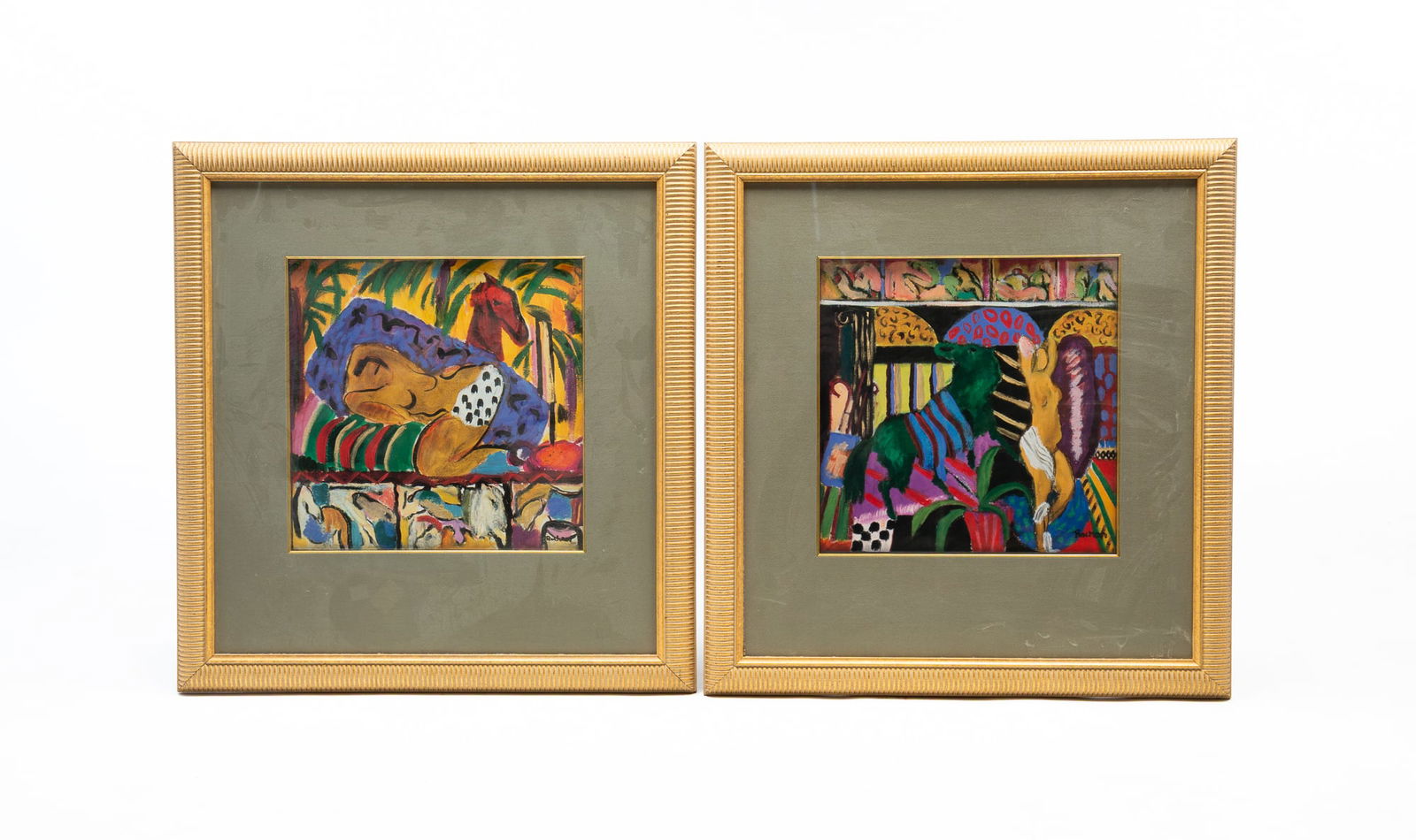 TWO DANIELE ROCHON (CANADIAN, B. 1946) SEMI-ABSTRACT PRINTS.: 20th Century. One depicts a woman standing with a large green horse, and the other shows a view of napping woman with a red horse behind her. Both signed in the lower right. Matted and in gold frames