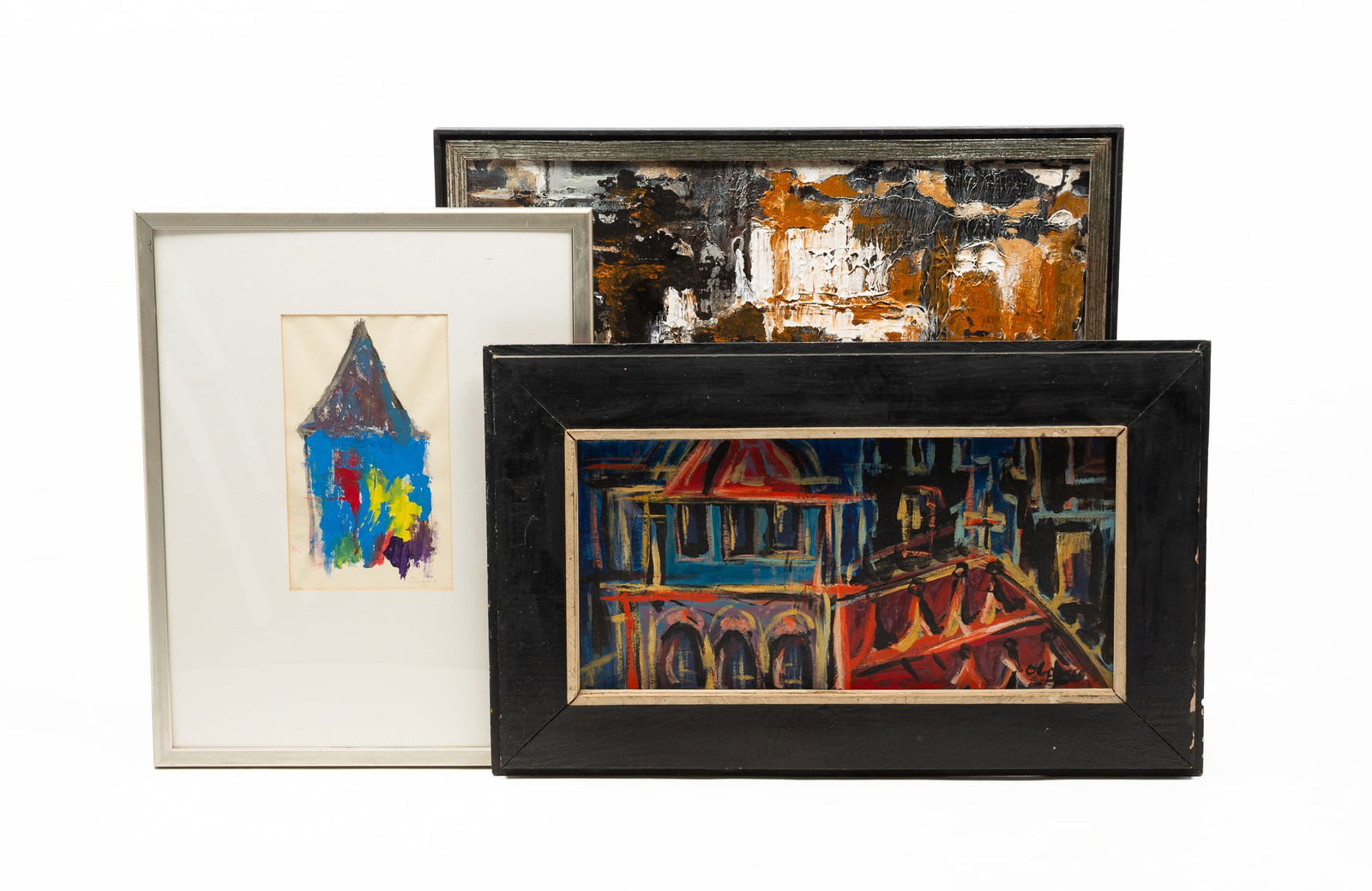 THREE ABSTRACT AND SEMI-ABSTRACT WORKS OF ART. (1 of 8)