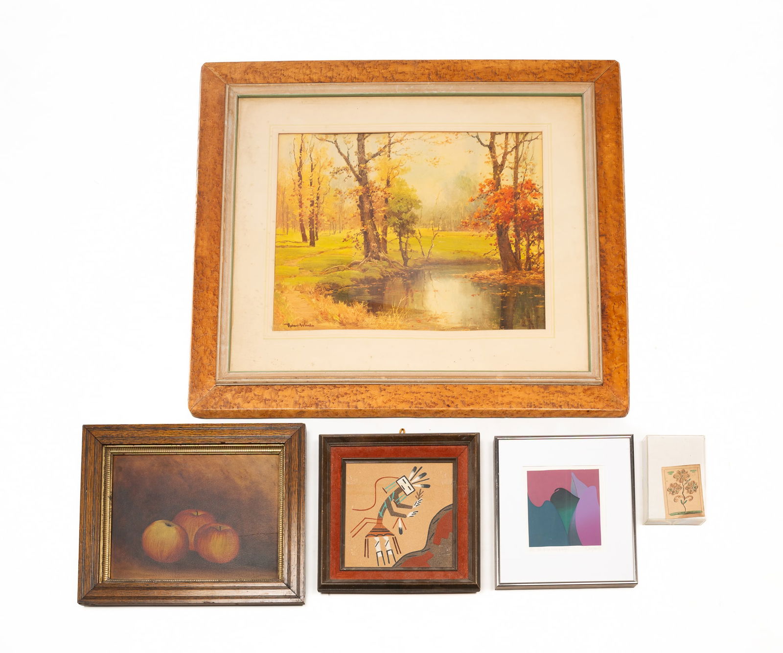 FIVE ECLECTIC ARTWORKS, INCL. NATIVE AMERICAN SAND PAINTING. (1 of 10)