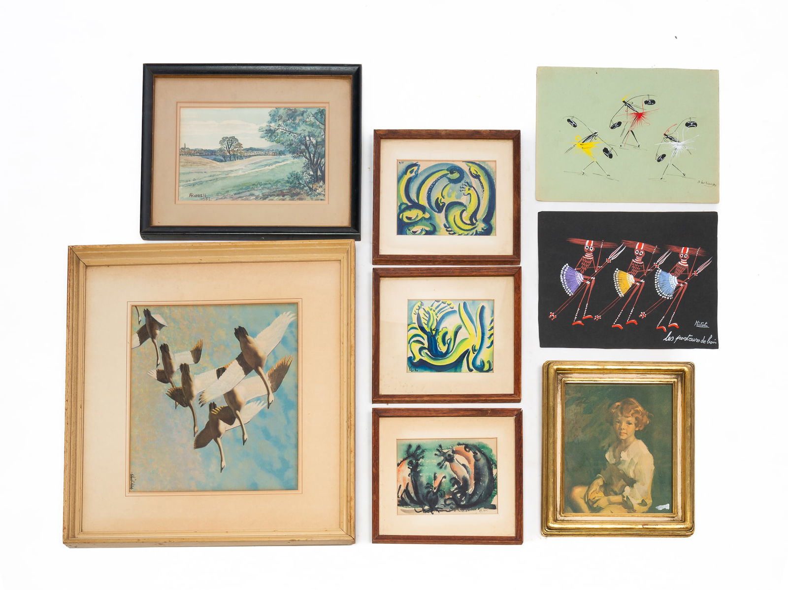 EIGHT ECLECTIC ARTWORKS, RICHARD BISHOP (AMERICAN, 1887-1975) OFFSET LITHOGRAPH OF FLYING GEESE. (1 of 9)