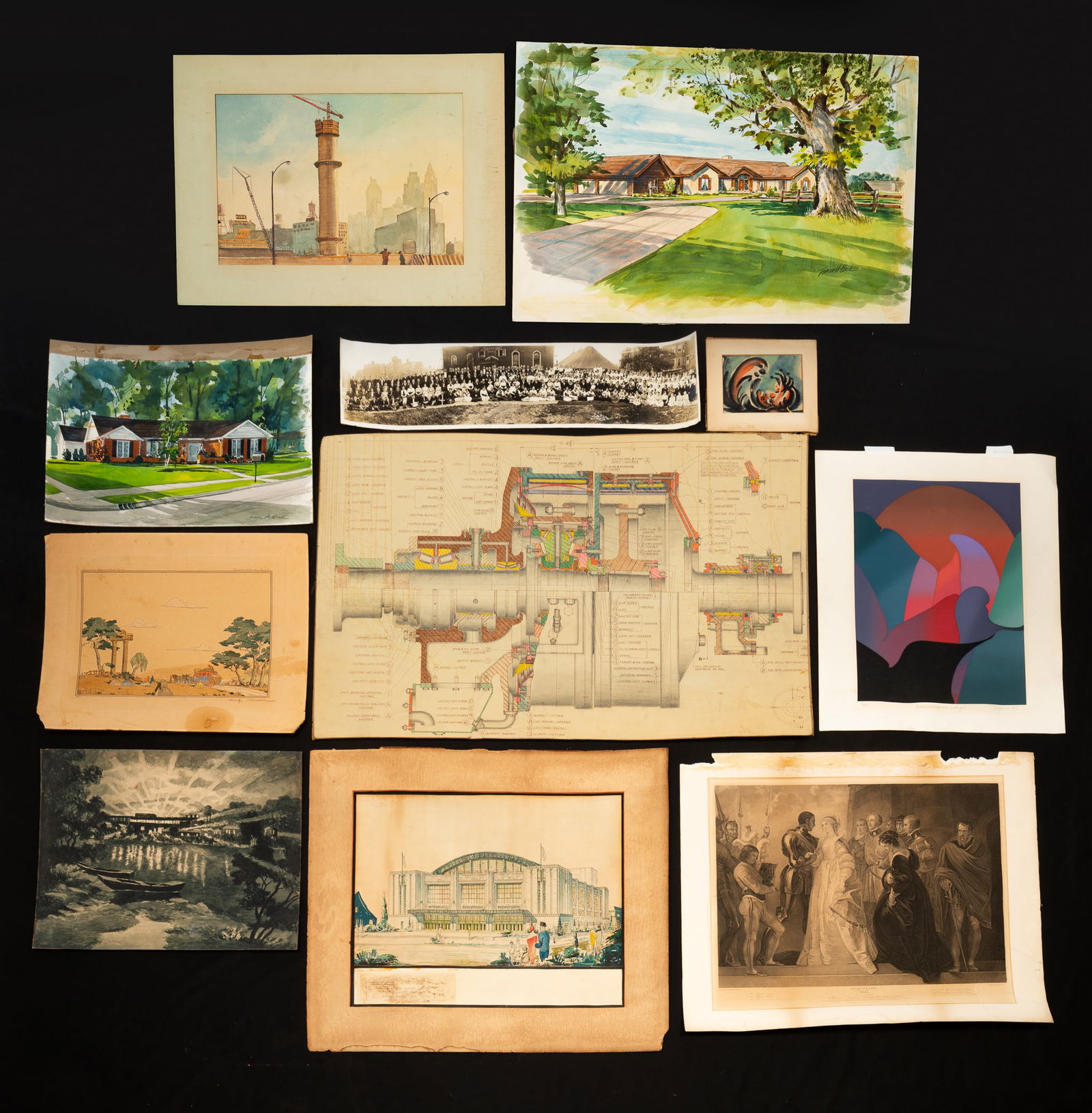 ELEVEN ECLECTIC ARTWORKS, INCL. ARCHITECTURAL DRAWINGS. (1 of 16)