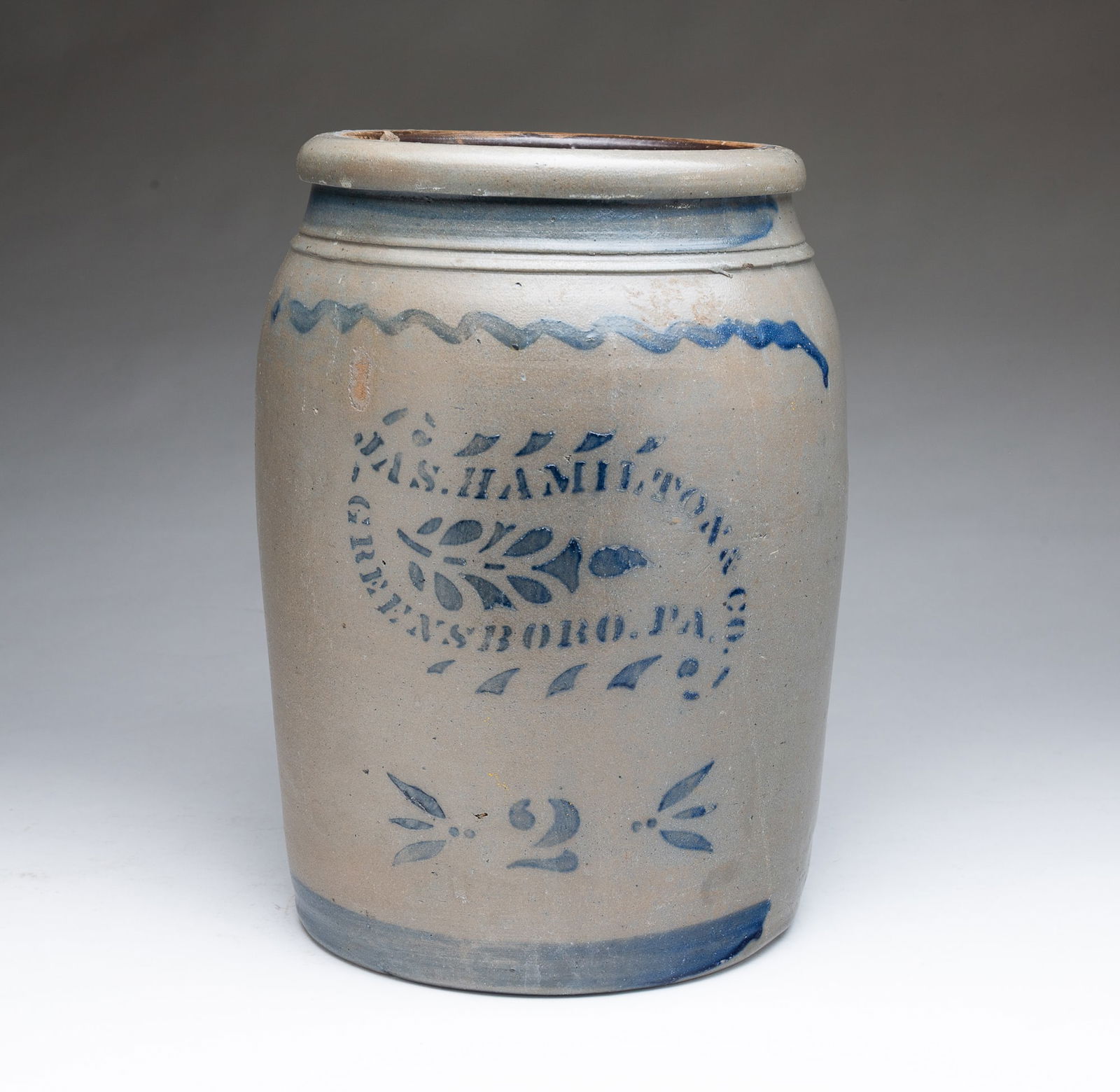 JAS. HAMILTON & CO. (GREENSBORO, PENNSYLVANIA) COBALT-DECORATED STONEWARE TWO-GALLON JAR. (1 of 6)