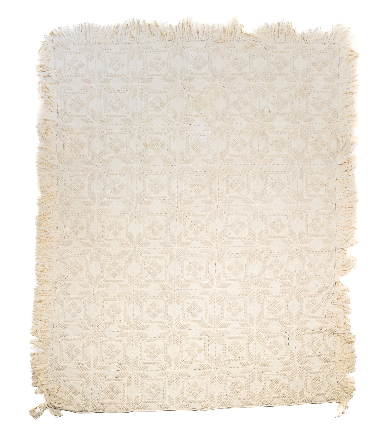 AMERICAN WHITEWORK CANDLEWICK BEDSPREAD: 20th Century. White ground with raised nobs in a snowflake and geometric shape patterns. With fringe to three sides.Provenance: From the Lifetime Collection of Chuck Auerbach. 64"l. 88"w.