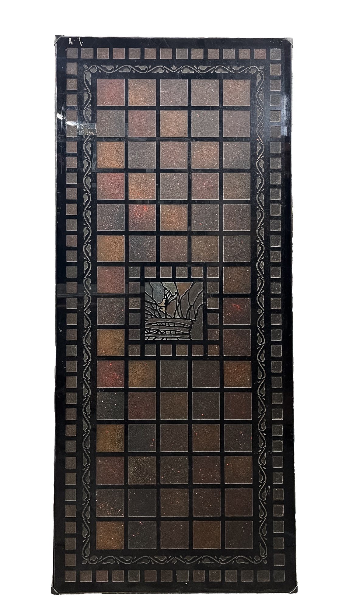 AMERICAN ARTS AND CRAFTS STYLE VITROLITE TABLETOP.: Mid-20th Century. Shiny black vitrolite with sandblasted squares, the center sandblasted with a landscape scene. Modern steel frame and holes for screw-on legs. Heavy.Provenance: From the Lifetime Col