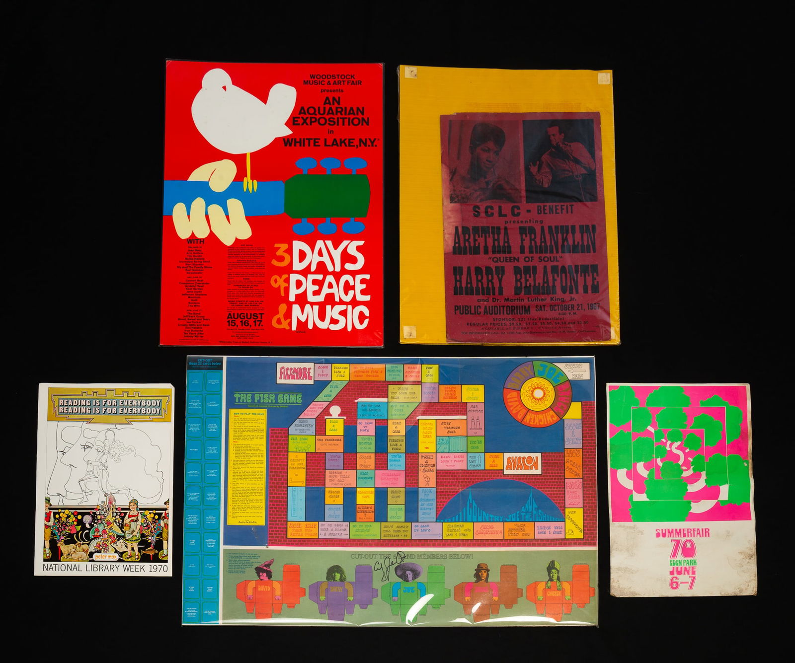 FIVE POSTERS, INCL. WOODSTOCK, ARETHA FRANKLIN, AND SIGNED COUNTRY JOE AND THE FISH. (1 of 7)