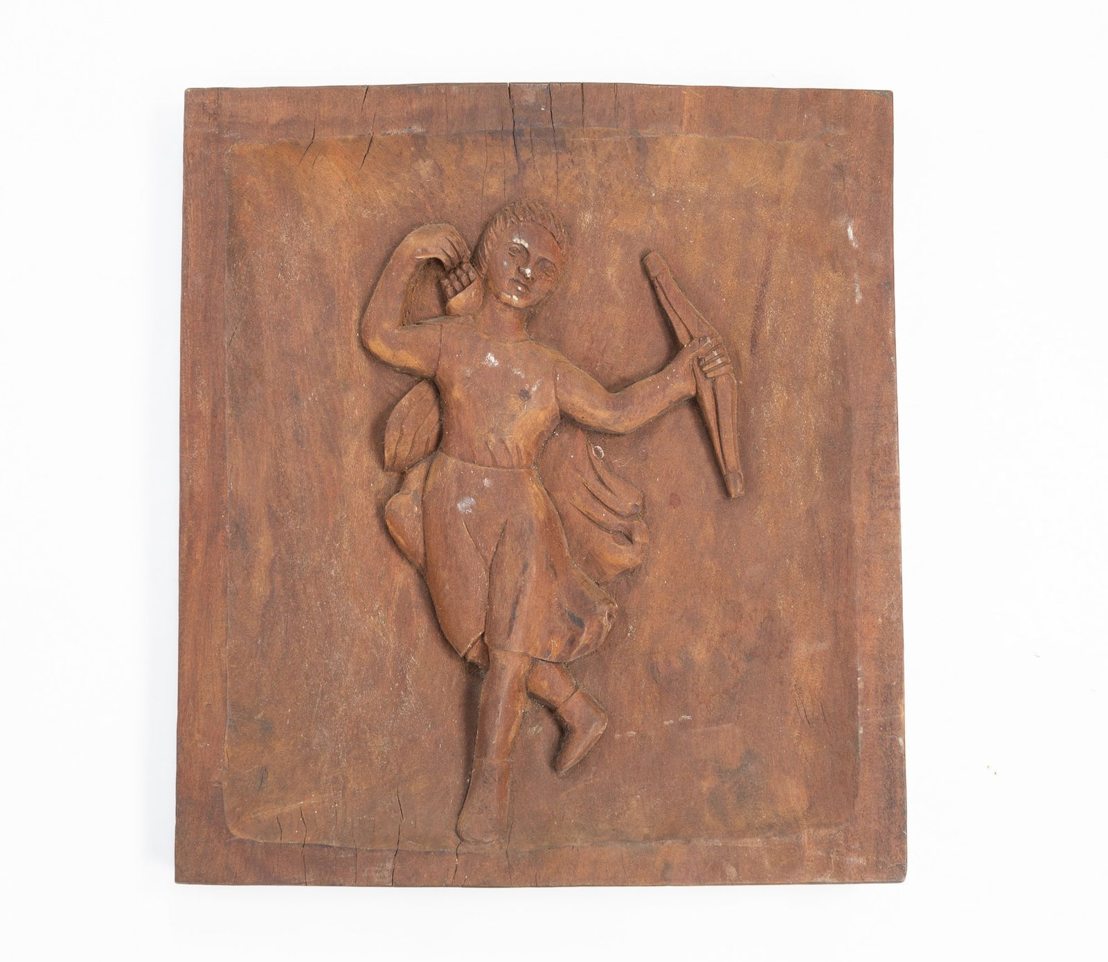 EUROPEAN RELIEF-CARVED HARDWOOD FIGURAL PANEL. (1 of 3)