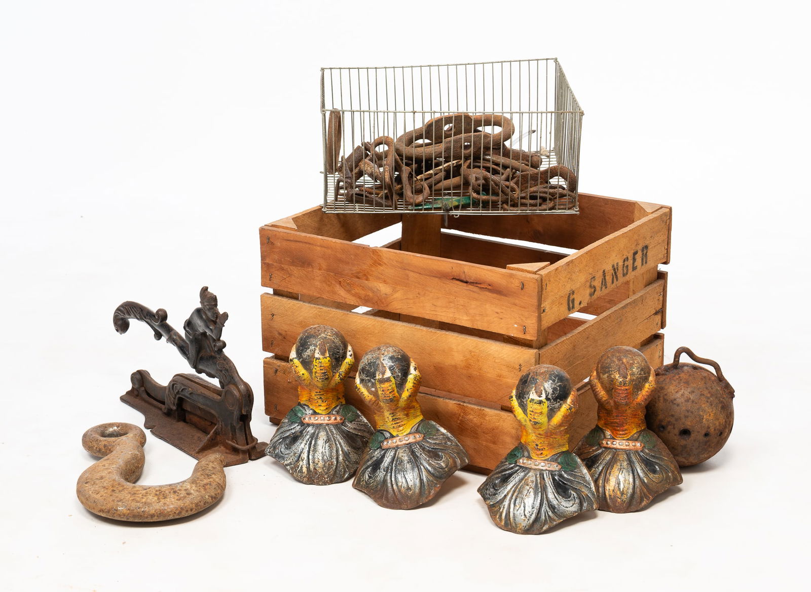 COLLECTION OF IRON ITEMS, INCL. BALL-AND-CLAW LEGS AND BRIGHTON NO. 3 TOBACCO CUTTER. (1 of 5)