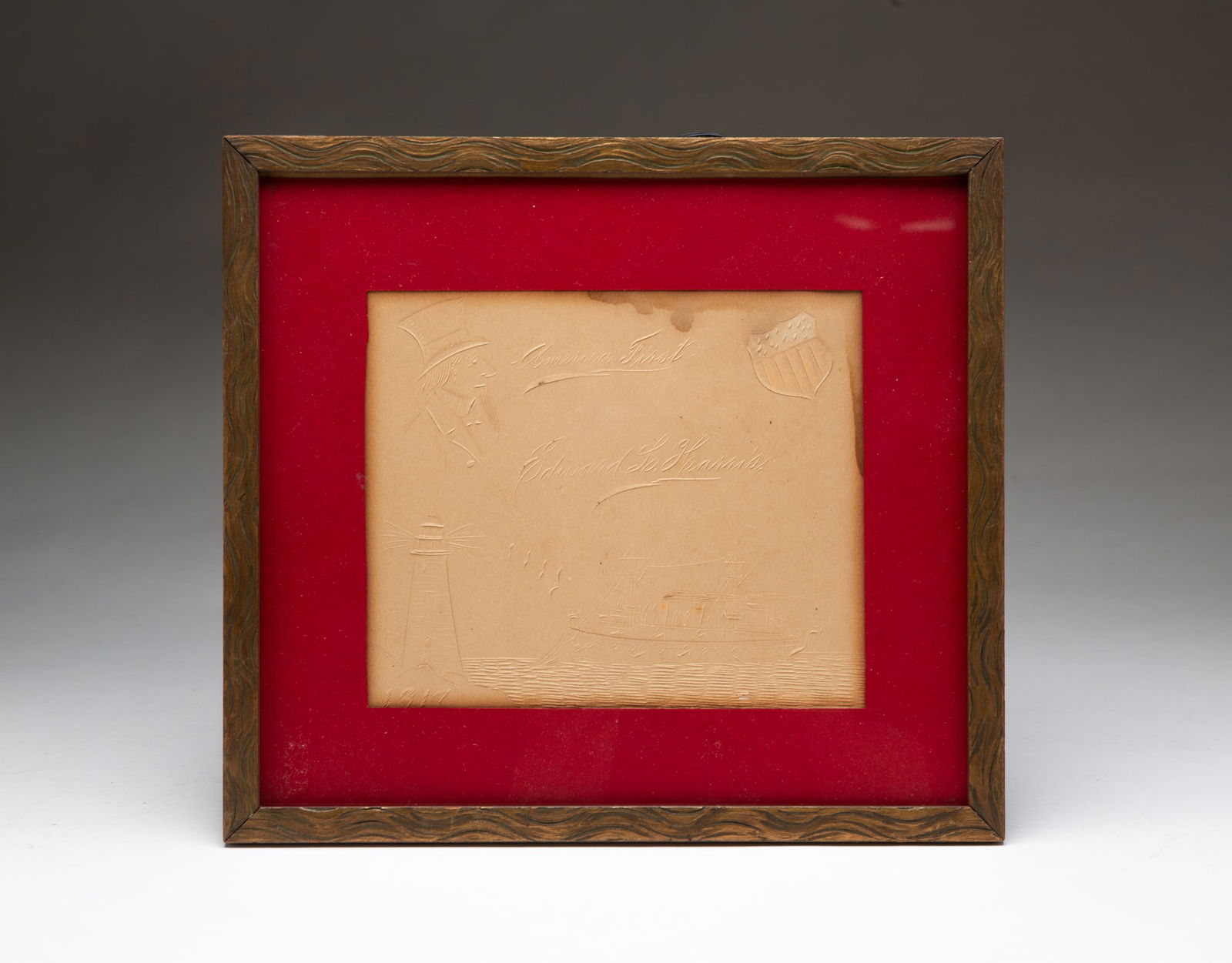 EDWARD L. HARRIS (AMERICAN) FOLK ART KNIFE-CUT PAPER IMAGE OF PATRIOTIC SYMBOLS, DATED 1917. (1 of 5)