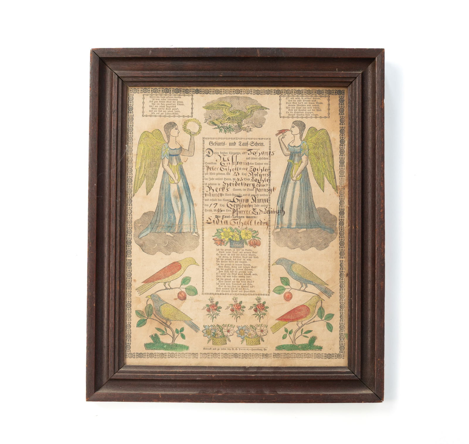 G.S. PETERS (HARRISBURG, PENNSYLVANIA) PRINTED AND HAND-COLORED TAUFSCHEIN (FRAKTUR), DATED 1843. (1 of 7)