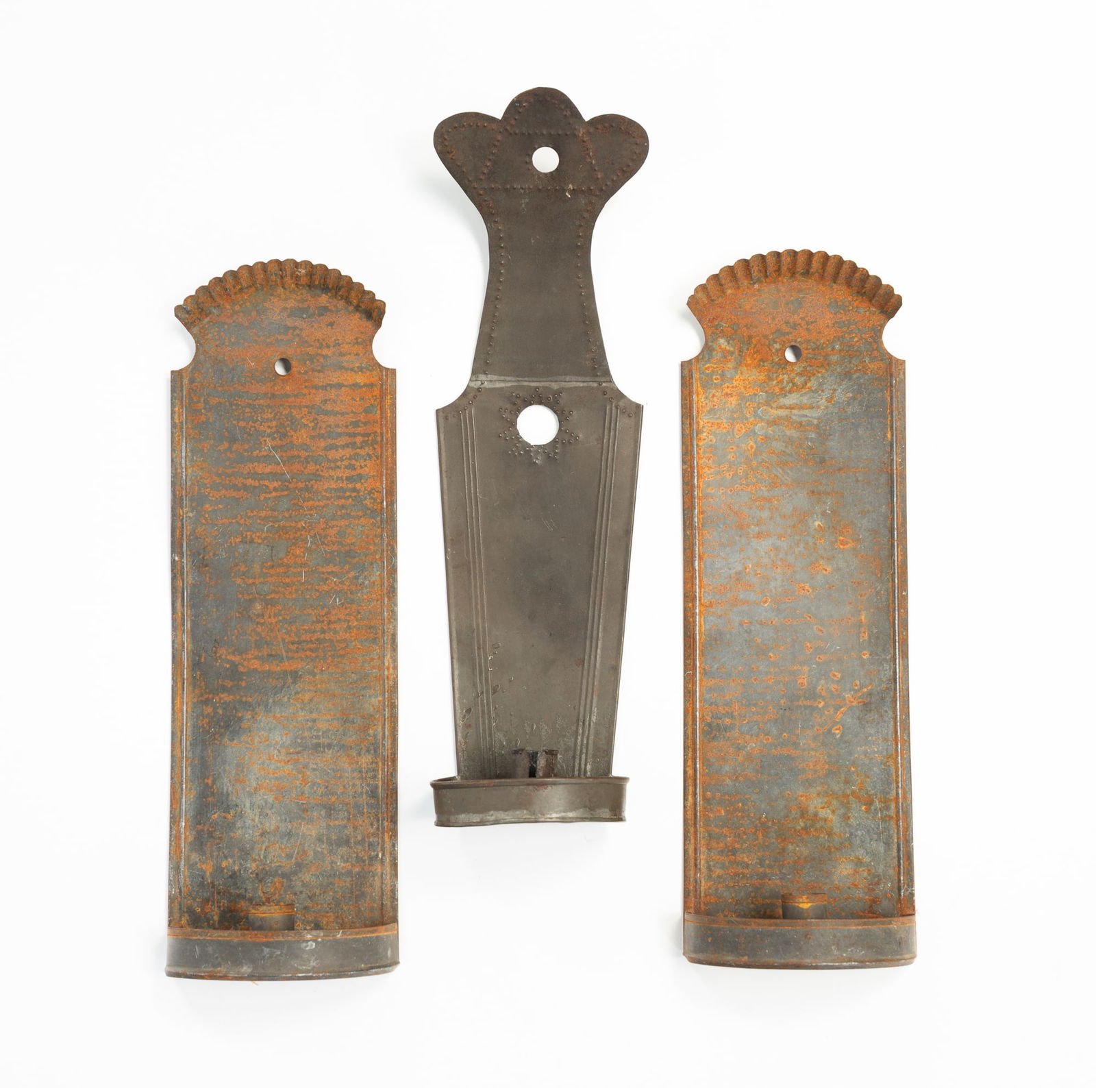THREE AMERICAN TIN WALL CANDLE SCONCES. (1 of 6)
