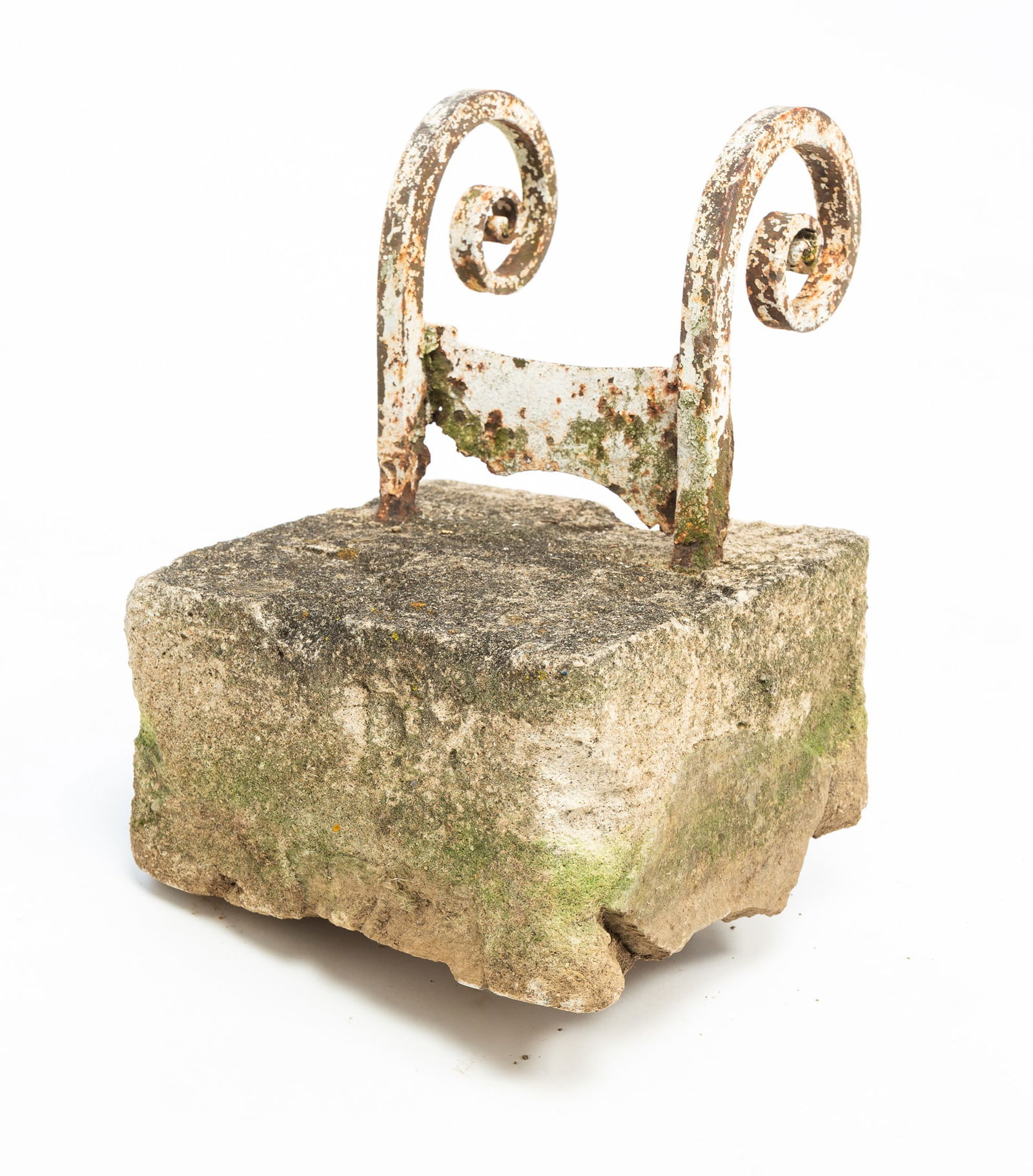 AMERICAN CAST IRON BOOT SCRAPER WITH LIMESTONE BASE.: 19th Century. Scrolled cast iron, painted white, inset into a heavy limestone block. 14.5"h. 9.5"w. 9.25"d. Provenance: From the Lifetime Collection of the late Deb Fisher (Lebanon, Ohio).
