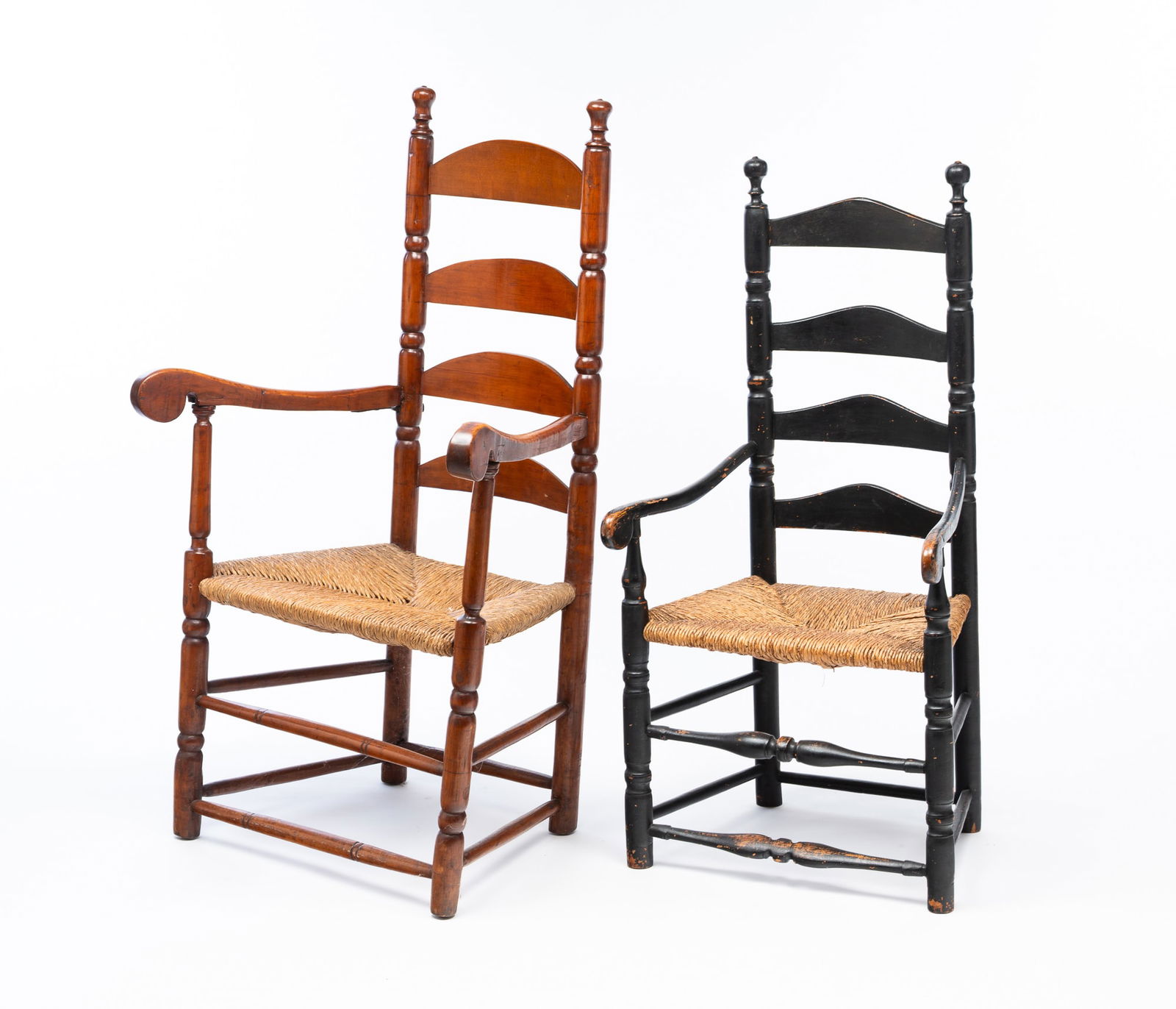 TWO NEW ENGLAND LADDERBACK ARMCHAIRS. Largest, 45"h. 16.5"seat h. (1 of 4)