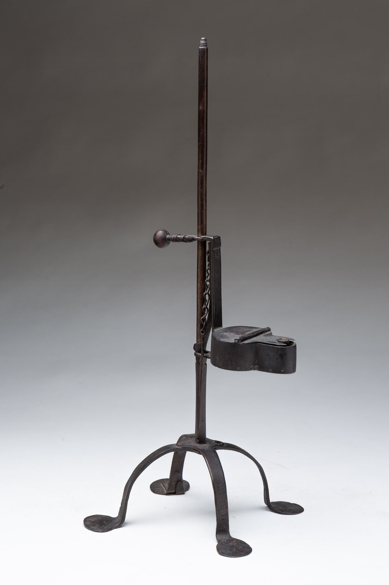 AMERICAN WROUGHT IRON BETTY LAMP ON ADJUSTABLE TABLETOP STAND. 17.25"h. 8"d. at base. (1 of 5)