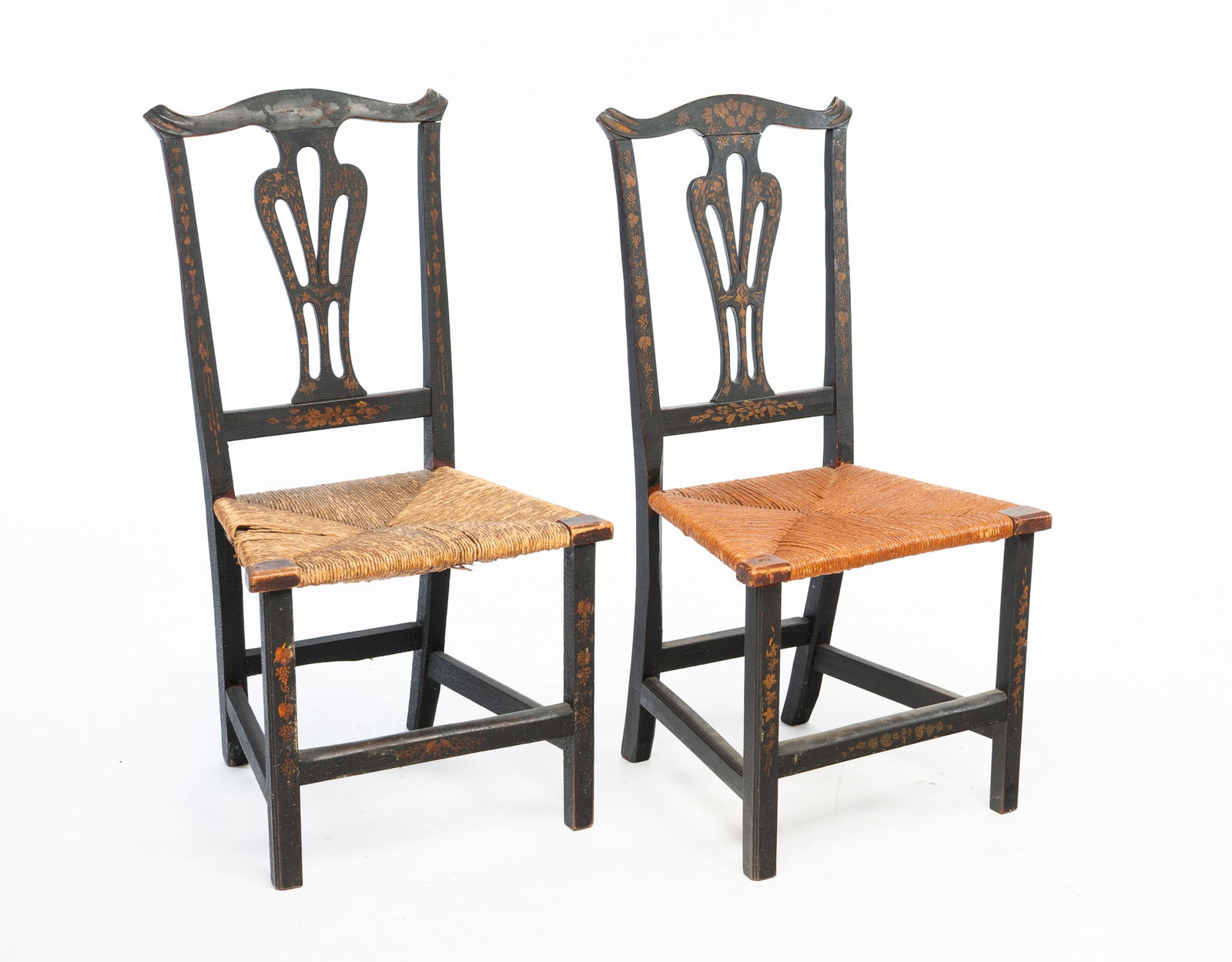PAIR OF NEW ENGLAND TRANSITIONAL EBONIZED AND GILT-DECORATED SIDE CHAIRS. 35.75''h. 17" seat ht. (1 of 4)