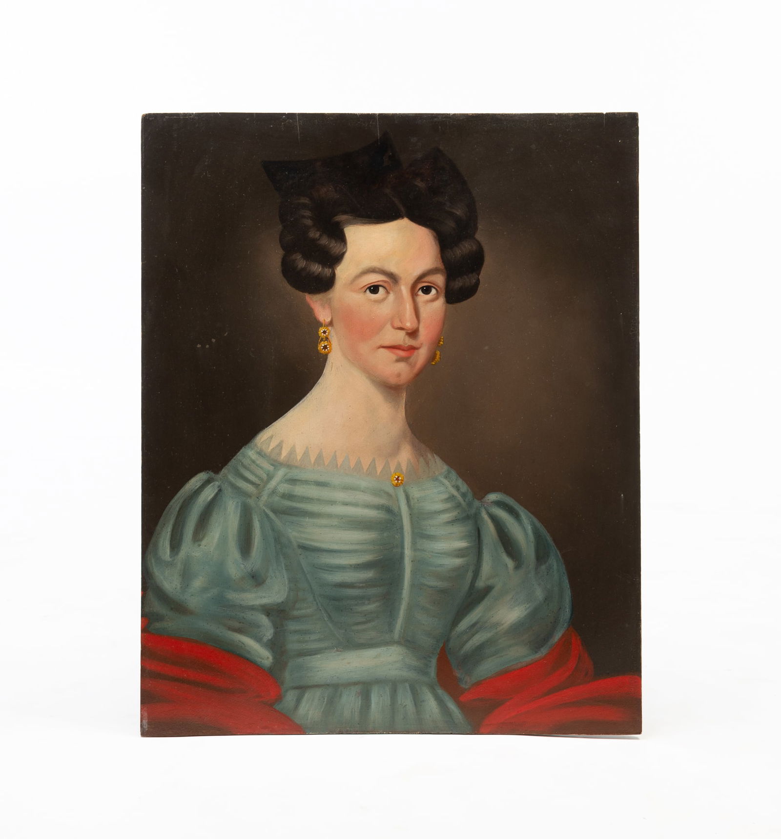 AMERICAN SCHOOL FOLK ART OIL ON WOOD PANEL PORTRAIT OF A LADY. 26"h. 21"w. (1 of 3)