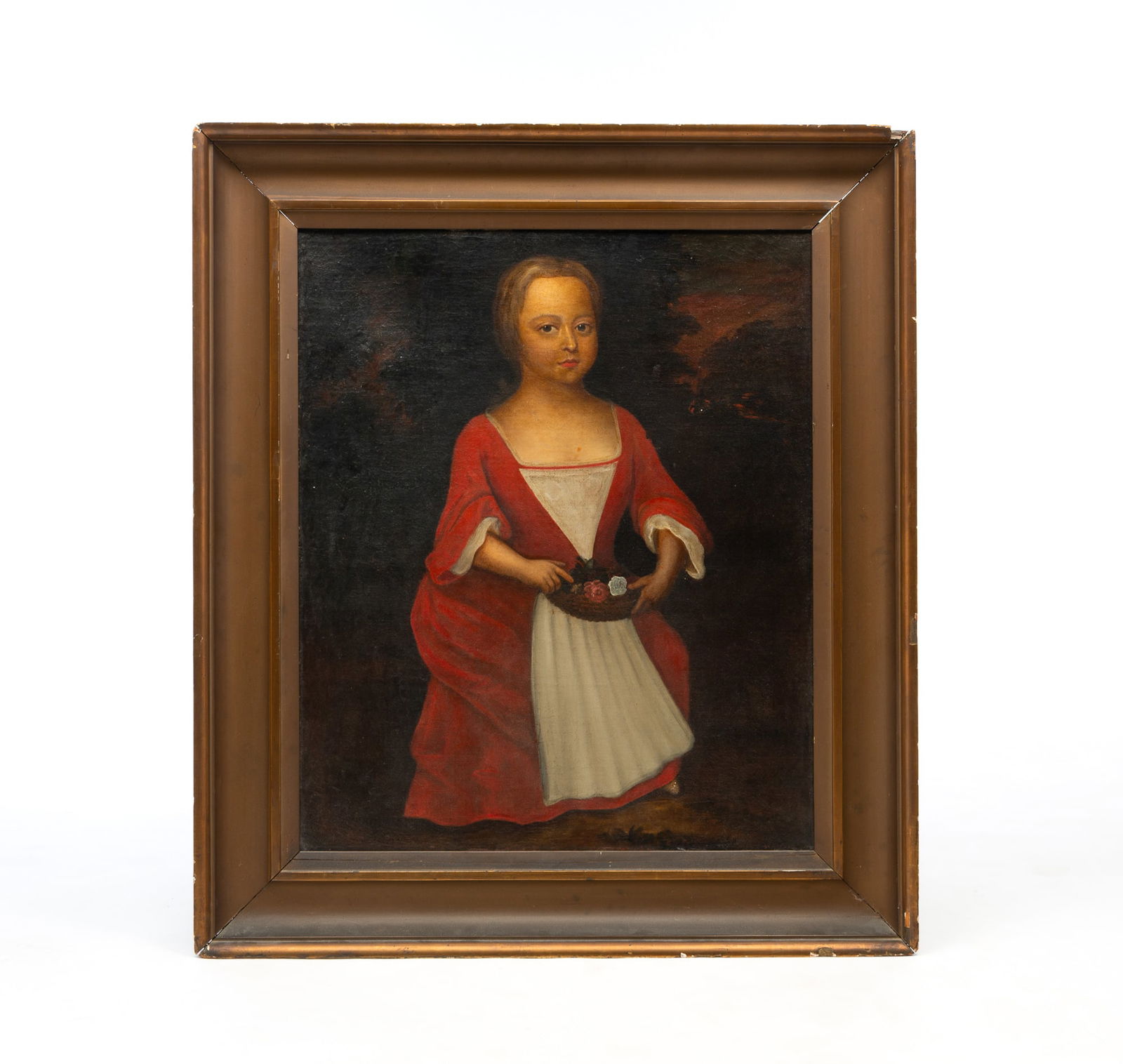 EUROPEAN SCHOOL OIL ON CANVAS PORTRAIT OF A GIRL HOLDING A BASKET OF FLOWERS.: 18th Century. Girl wearing a red dress and white apron, holding a basket of flowers, in front a landscape background. In a period frame. Framed 38.5"h. 33.5"w. Canvas, 30"h. 25"w. SHIPPING: All purcha