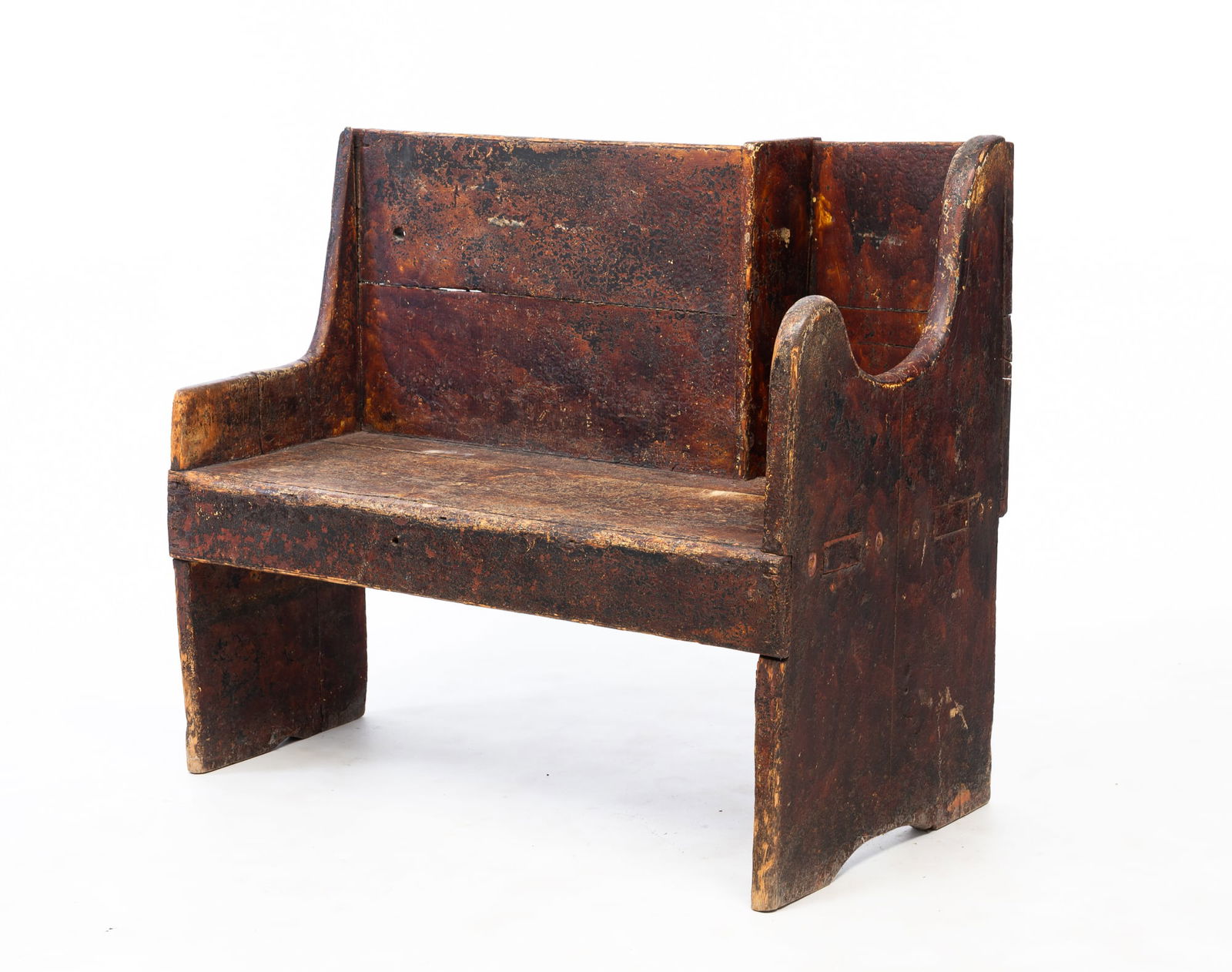 AMERICAN PAINTED PINE PEW WITH UNUSUAL SHAPE. 30"h. 15" seat h. 34.25"w. 18"d. (1 of 4)