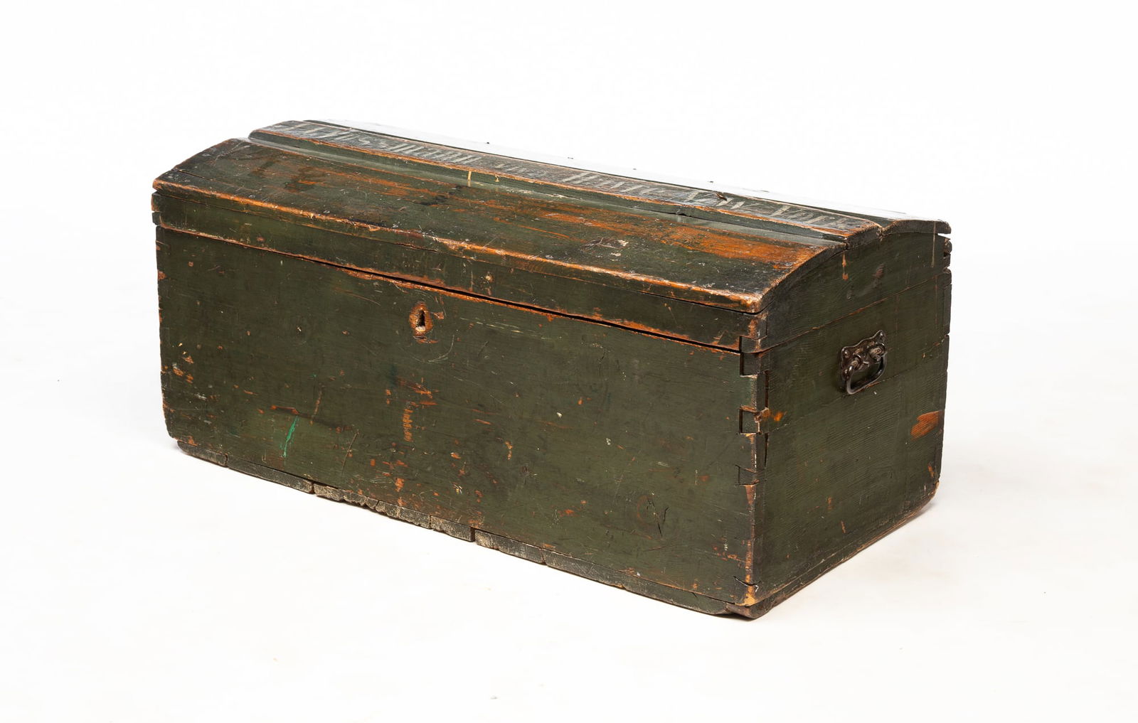 EUROPEAN GREEN-PAINTED PINE DOME TOP IMMIGRANT'S TRUNK. 13"h. 29.25"w. 14.5"w. (1 of 5)