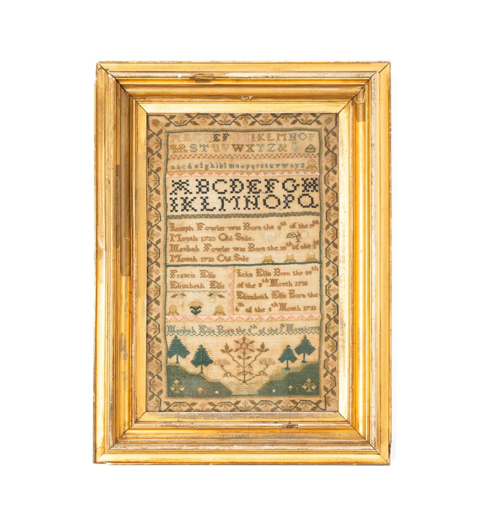 MERIBAH ELLIS (AMERICAN) FAMILY RECORD PETIT POINT SAMPLER. 17.75"h. 13"w. (1 of 4)