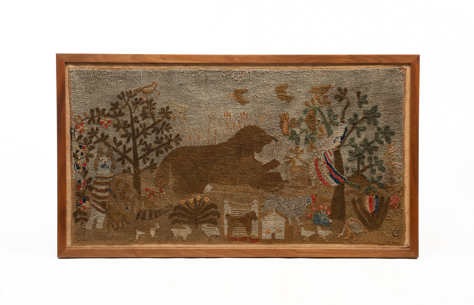 AMERICAN FOLKSY NEEDLEWORK FARMYARD SCENE. Framed, 23"h. 40.75"w. (1 of 5)