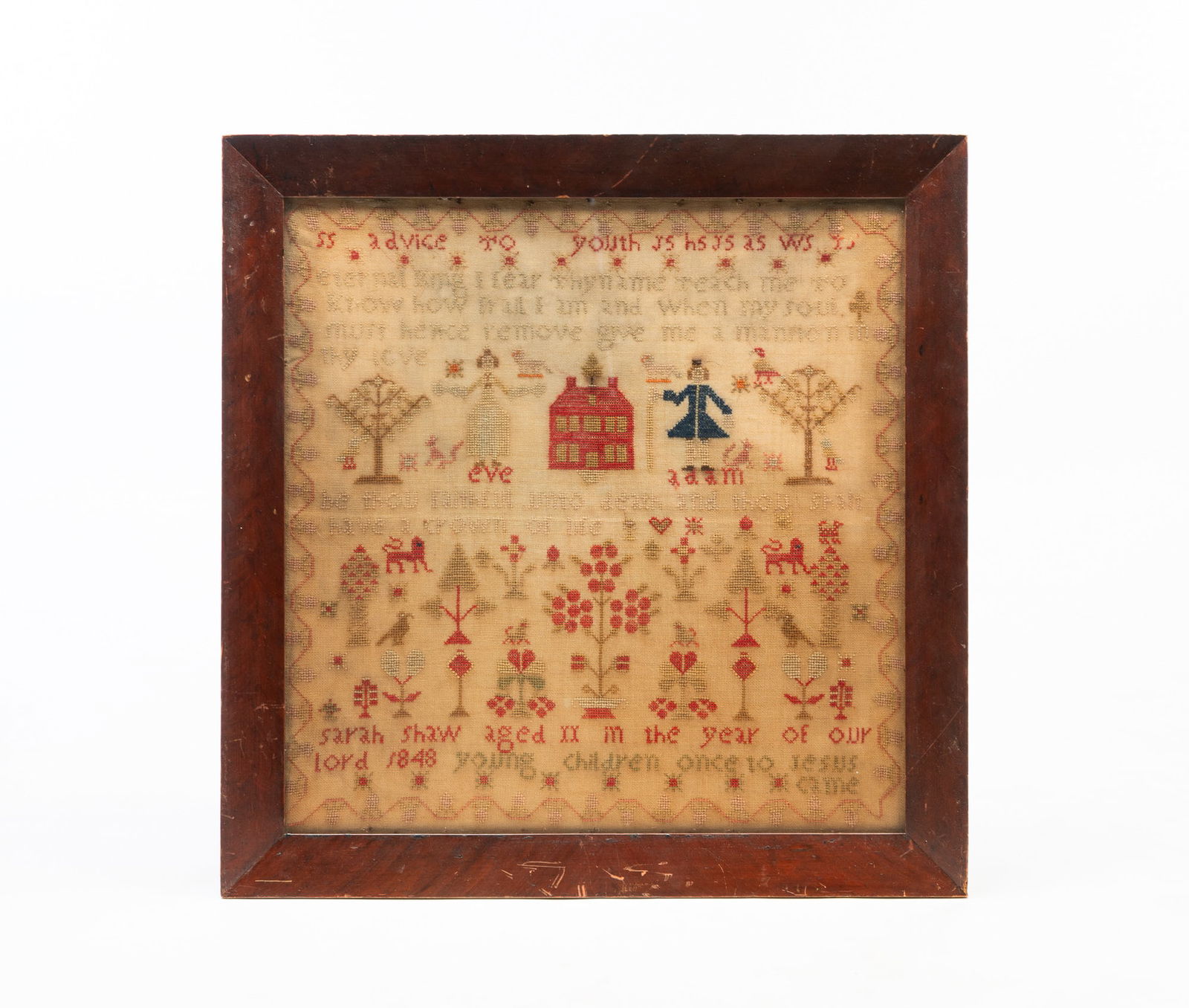 SARAH SHAW (ENGLISH, B. 1837) ADAM AND EVE NEEDLEWORK SAMPLER, DATED 1848. Frame, 30"h. 29.25"w. (1 of 5)