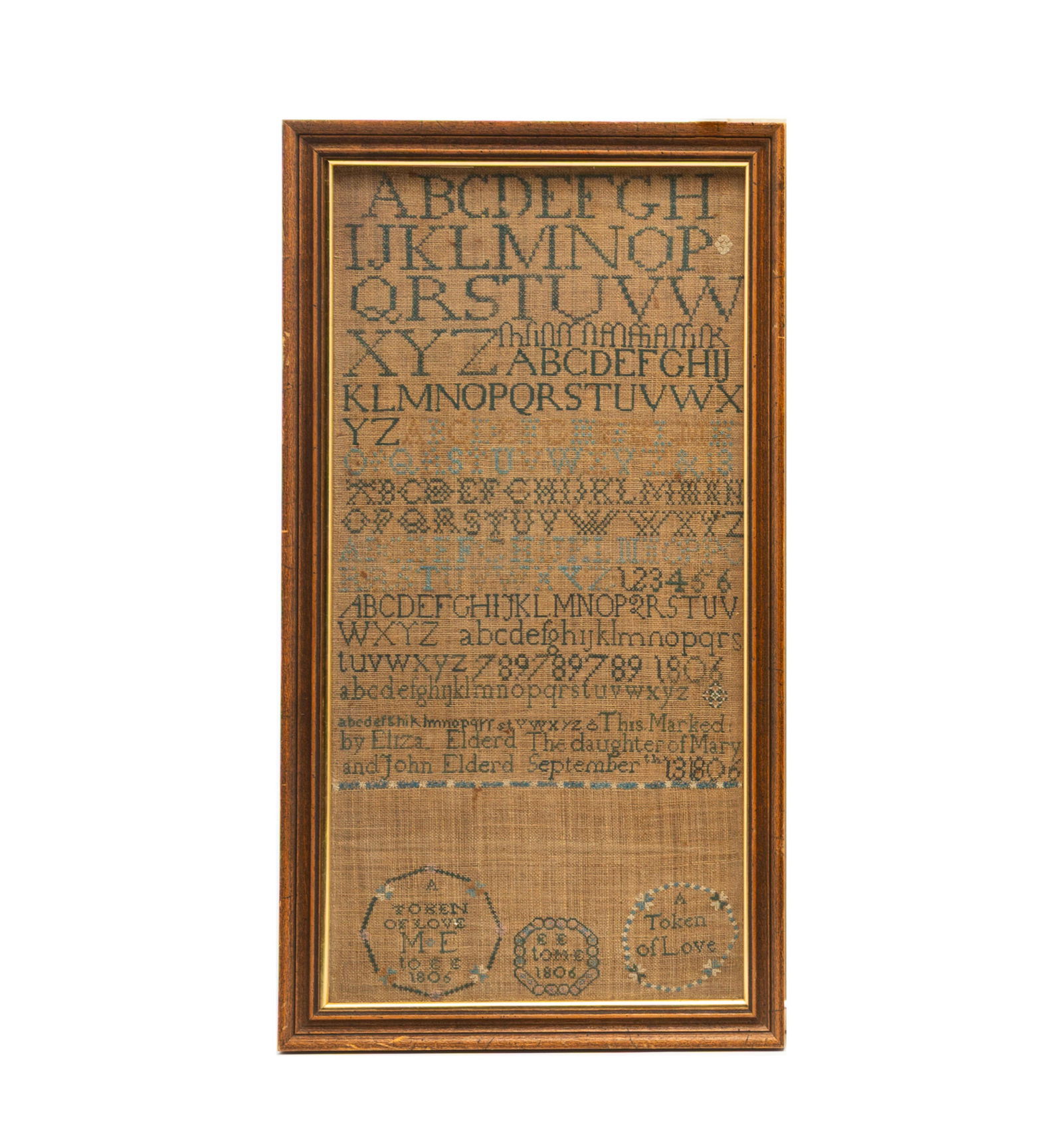 ELIZA ELDERD (AMERICAN) NEEDLEWORK SAMPLER, DATED 1806. 24"h. 13.5"w. (1 of 7)