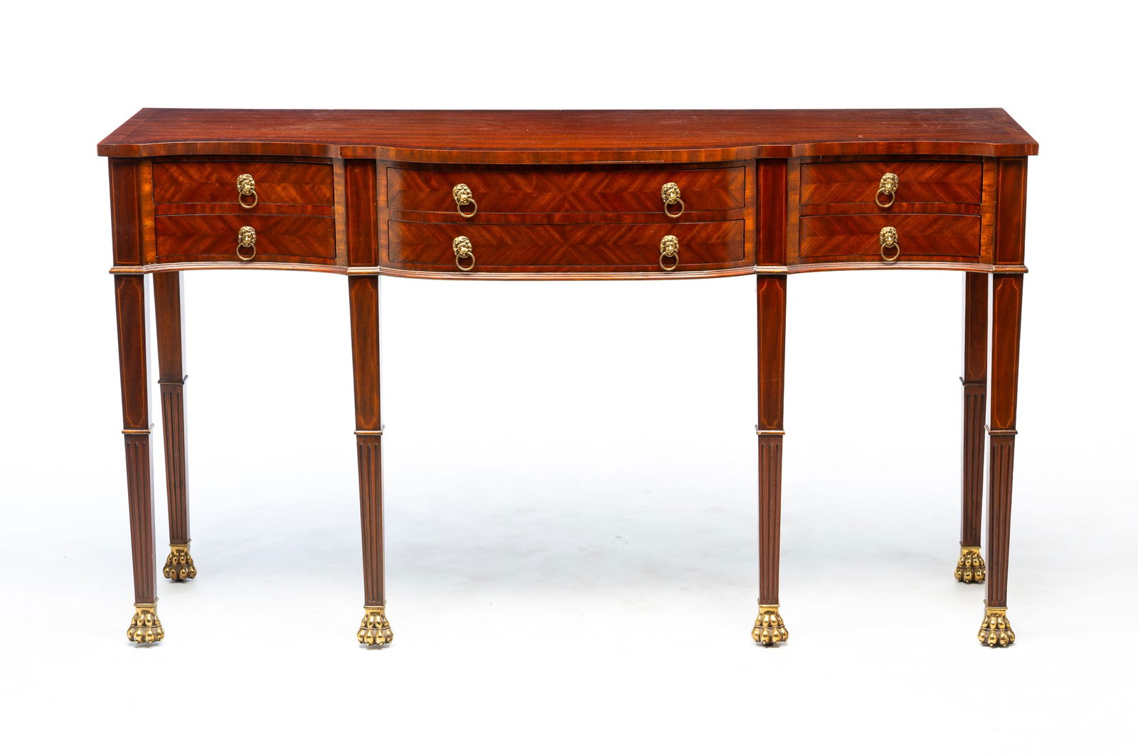 MAITLAND-SMITH REGENCY STYLE MAHOGANY AND STRING-INLAID SERPENTINE SIDEBOARD. 34"h. 40"w. 18"d. (1 of 7)