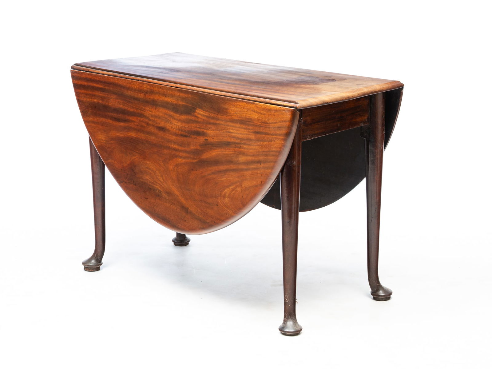GEORGE II MAHOGANY DROP-LEAF TABLE. 28"h. 41.5"w. Open 56.25" with 19" leaves. (1 of 3)