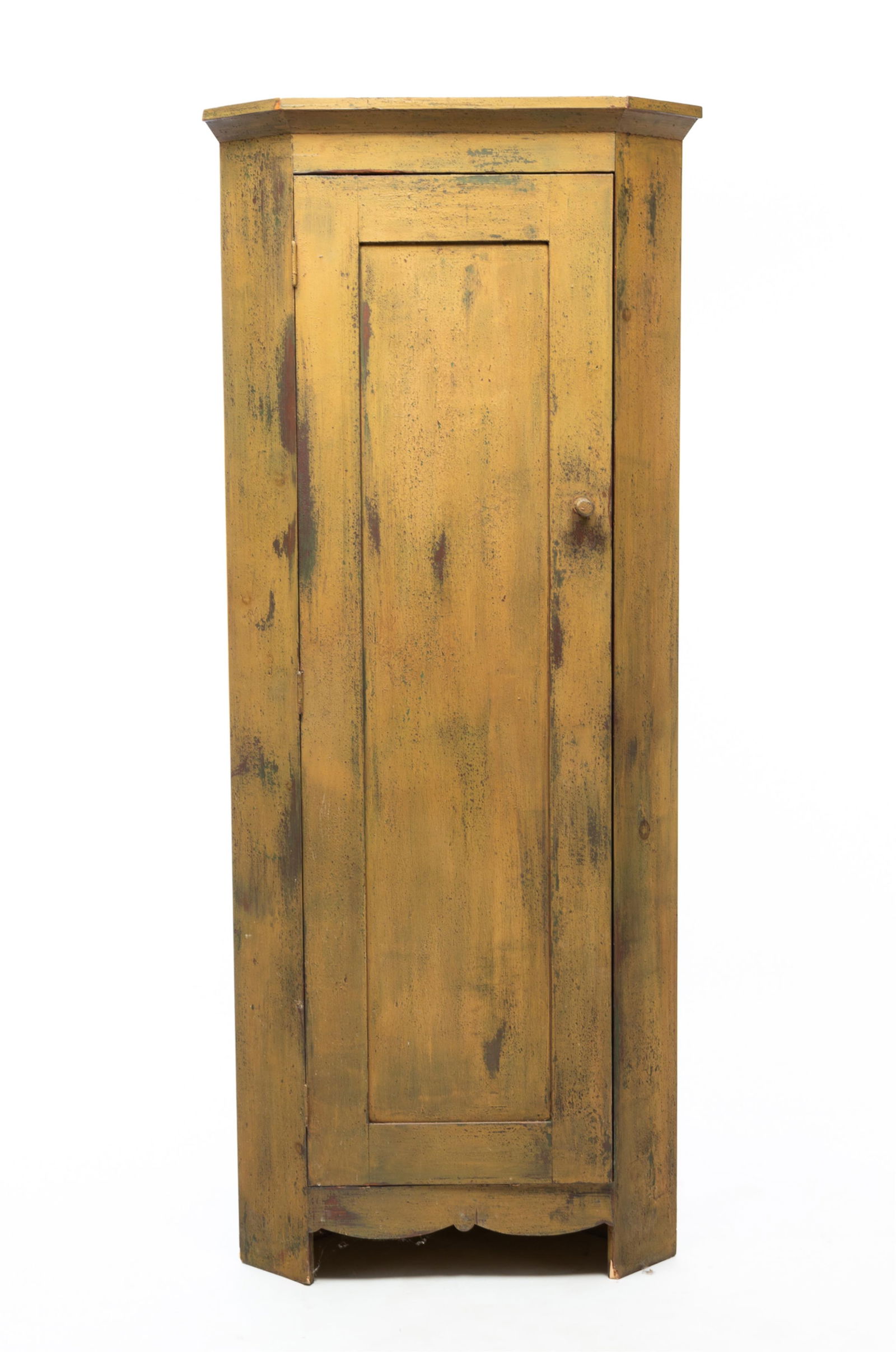AMERICAN YELLOW-PAINTED POPLAR DIMINUTIVE CORNER CUPBOARD. 74"h. 31"w. 19"d., and takes a 21" (1 of 4)