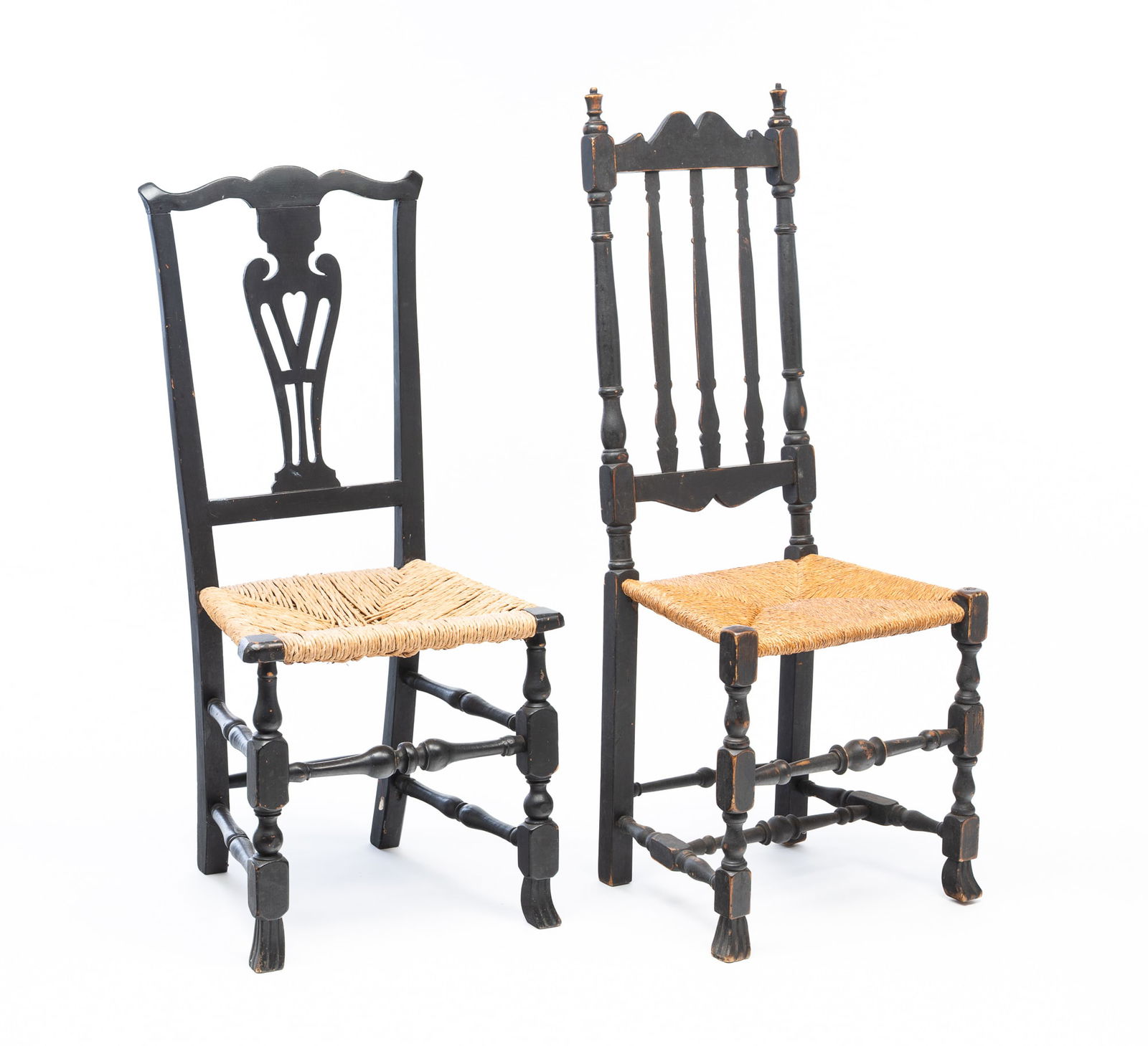 TWO AMERICAN EBONIZED SIDE CHAIRS. Largest, 46''h. 17.5" seat h. Second, 41"h. 18" seat h. (1 of 5)