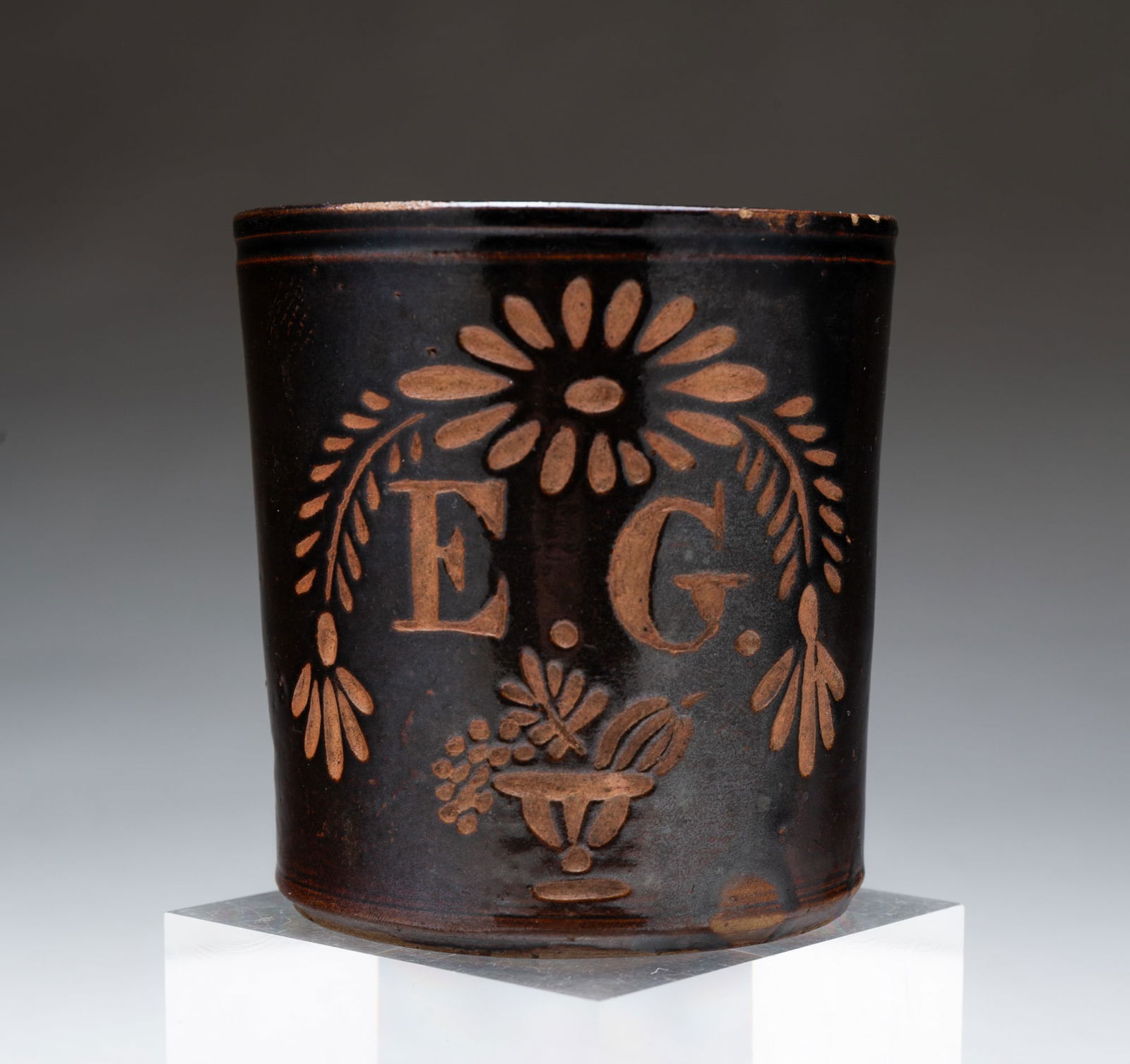 AMERICAN STONEWARE MUG WITH CARVED DECORATION. 3.75"h. 3.5"d. (1 of 4)