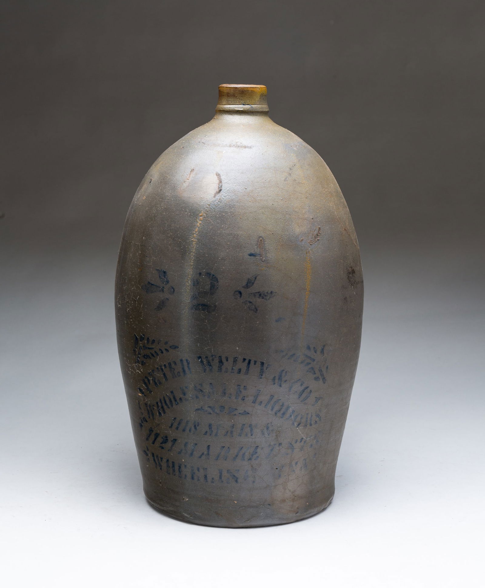 PETER WELTY & CO. (WHEELING, WEST VIRGINIA) COBALT-DECORATED STONEWARE TWO-GALLON JUG. 15"h. 8"d. (1 of 5)