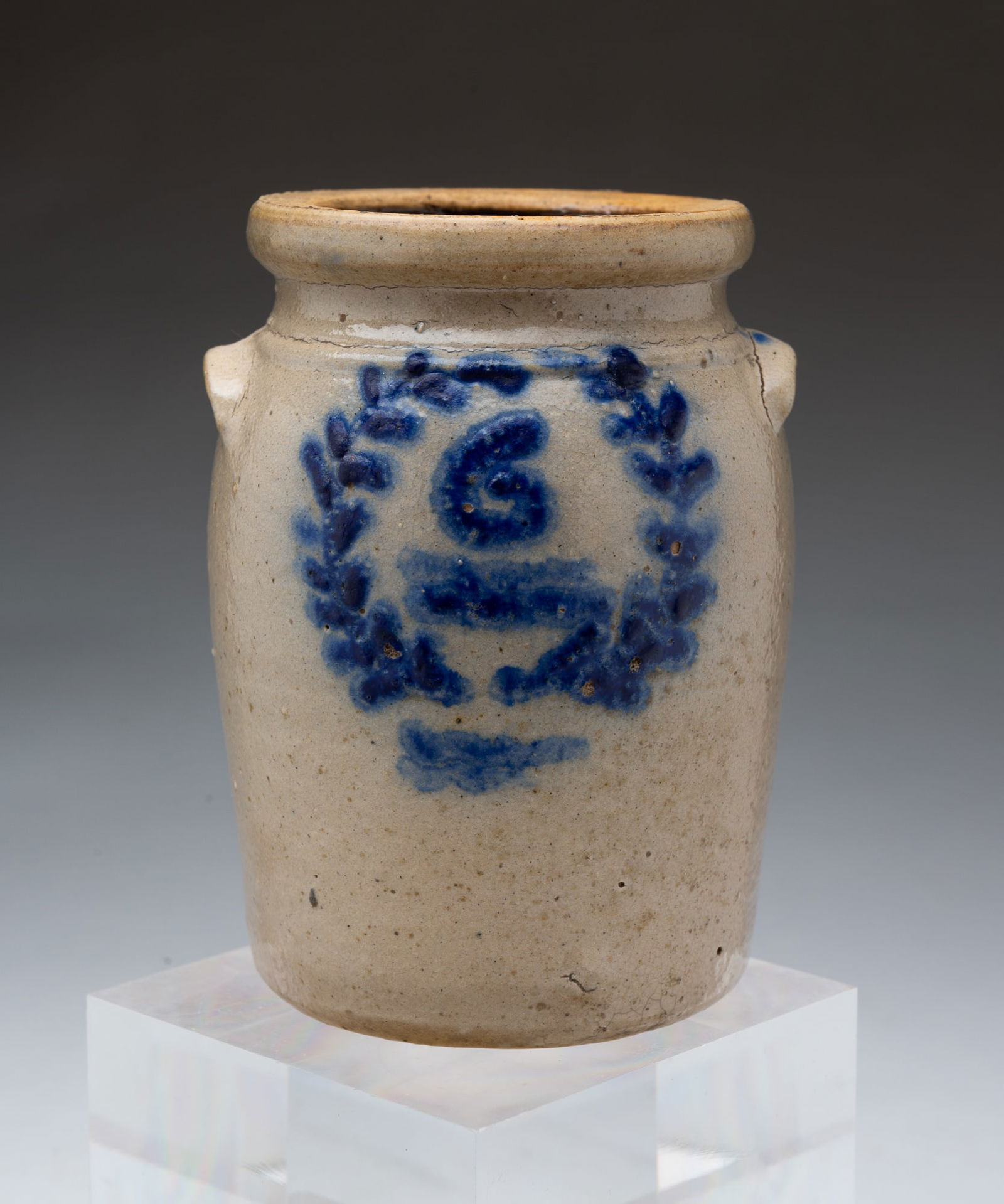 AMERICAN COBALT-DECORATED STONEWARE MINIATURE JAR. 4.5"h. (1 of 3)