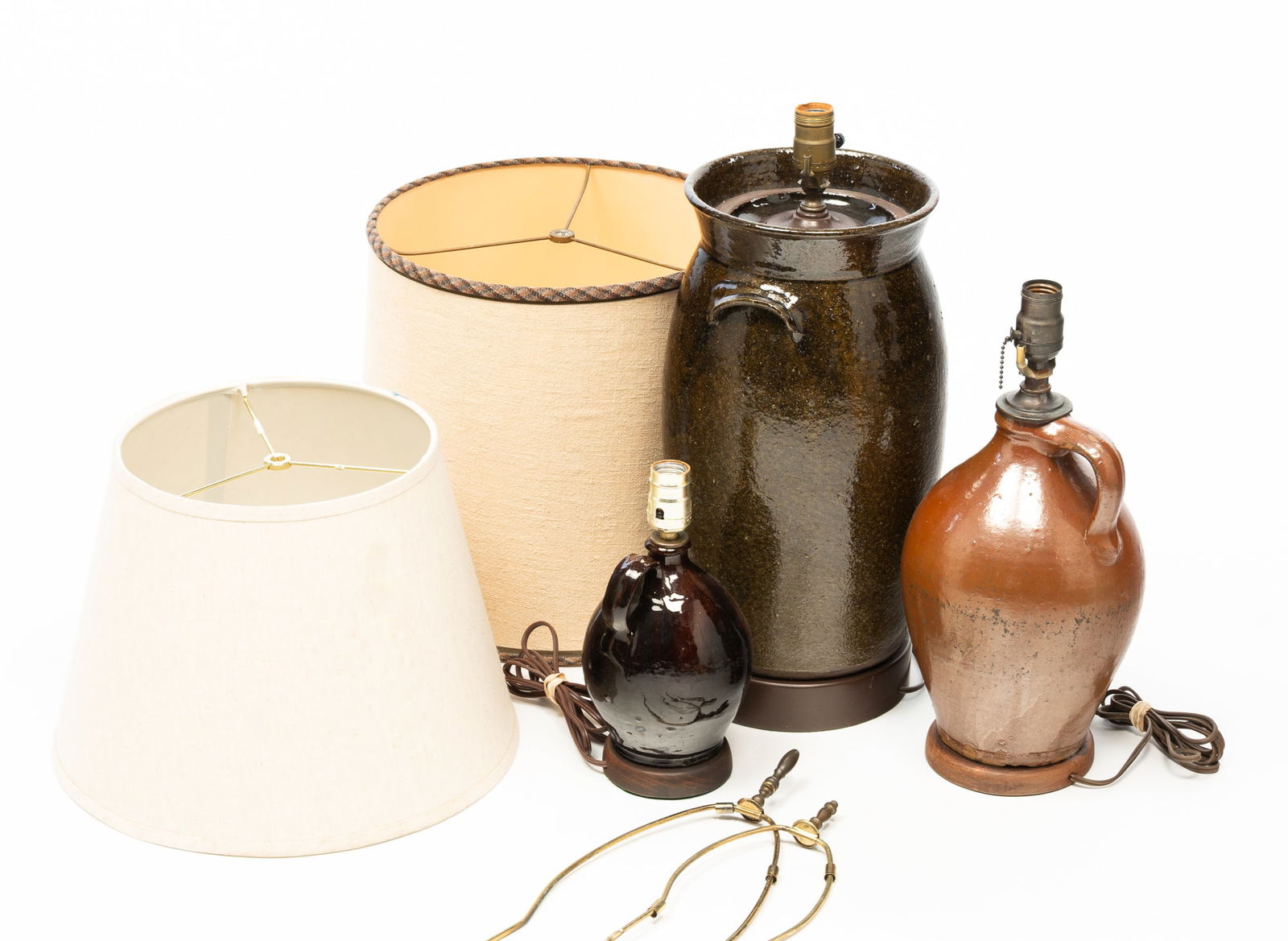 THREE AMERICAN STONEWARE LAMPS. Churn lamp overall, 33.5"h. Churn, 16"h. (1 of 4)