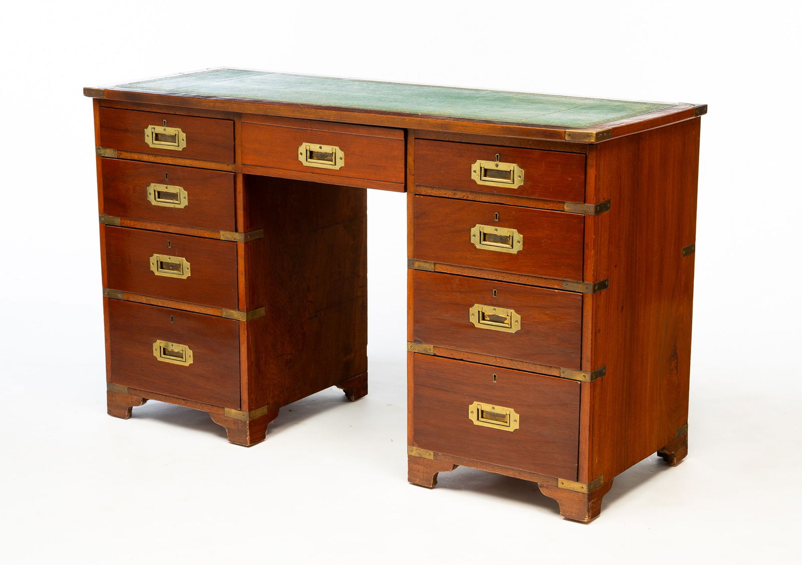 ENGLISH CAMPAIGN STYLE BRASS-BOUND MAHOGANY KNEEHOLE DESK. 29.75"h. 49.25"w. 19"d. (1 of 6)