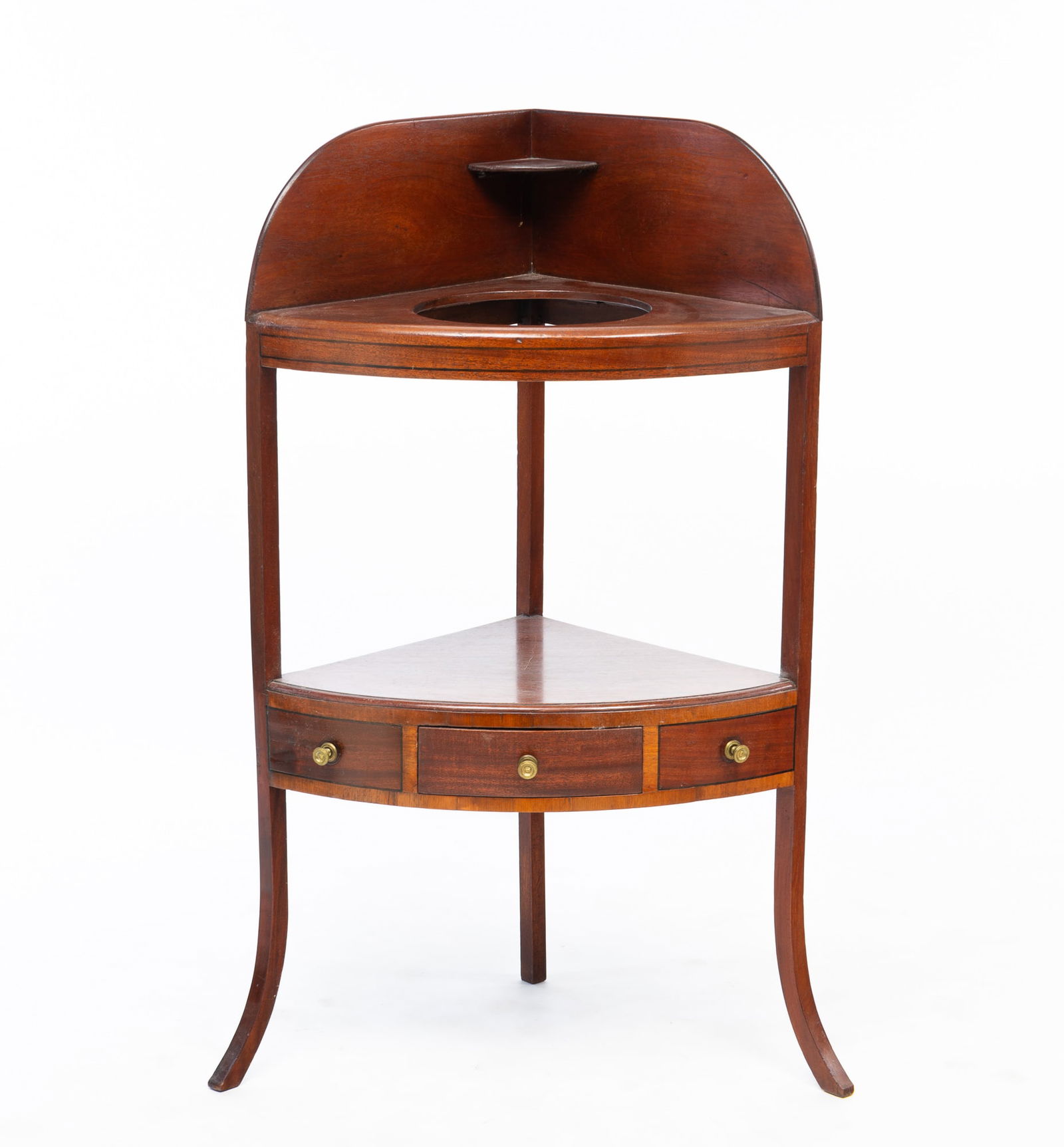 GEORGE III MAHOGANY AND EBONY-STRUNG CORNER WASHSTAND. 40"h. 23"w. 15.25"d. Takes a 19.25" corner. (1 of 4)