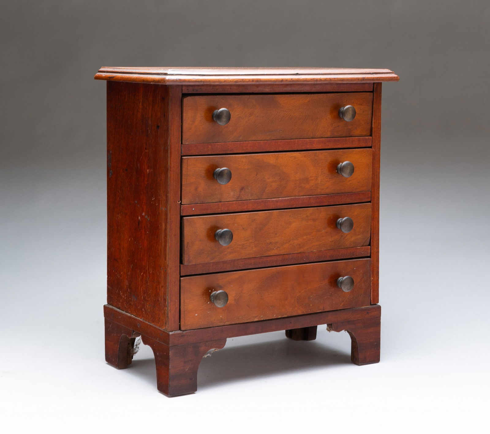 GEORGE III STYLE MAHOGANY MINIATURE FOUR-DRAWER CHEST. 14"h. 18.25"w. 6.5"d. (1 of 4)