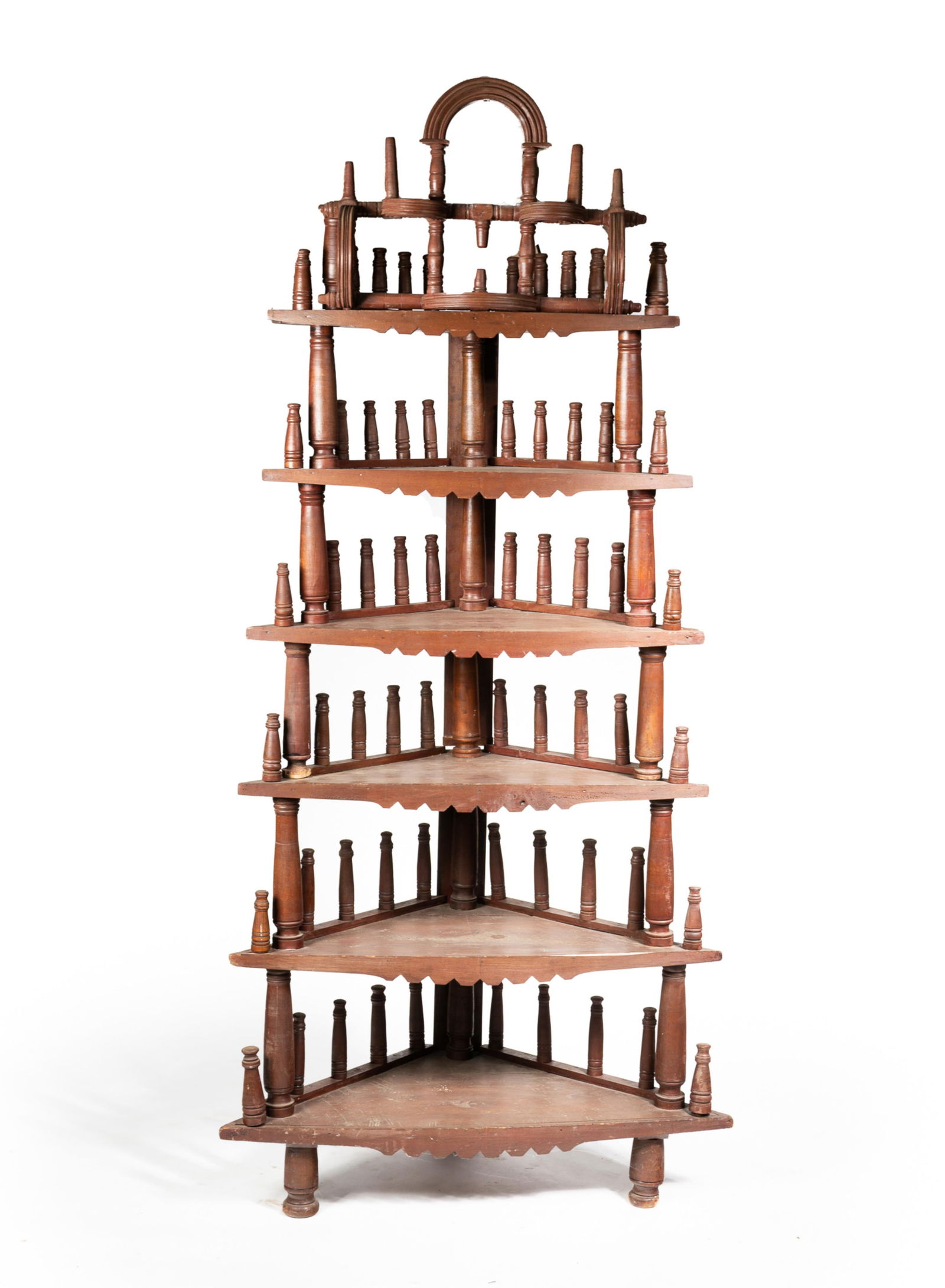 OHIO FOLKSY REDDISH BROWN-PAINTED PINE AND POPLAR CORNER SHELF. 93.5"h. 13"w. 20"d. and takes and (1 of 1)