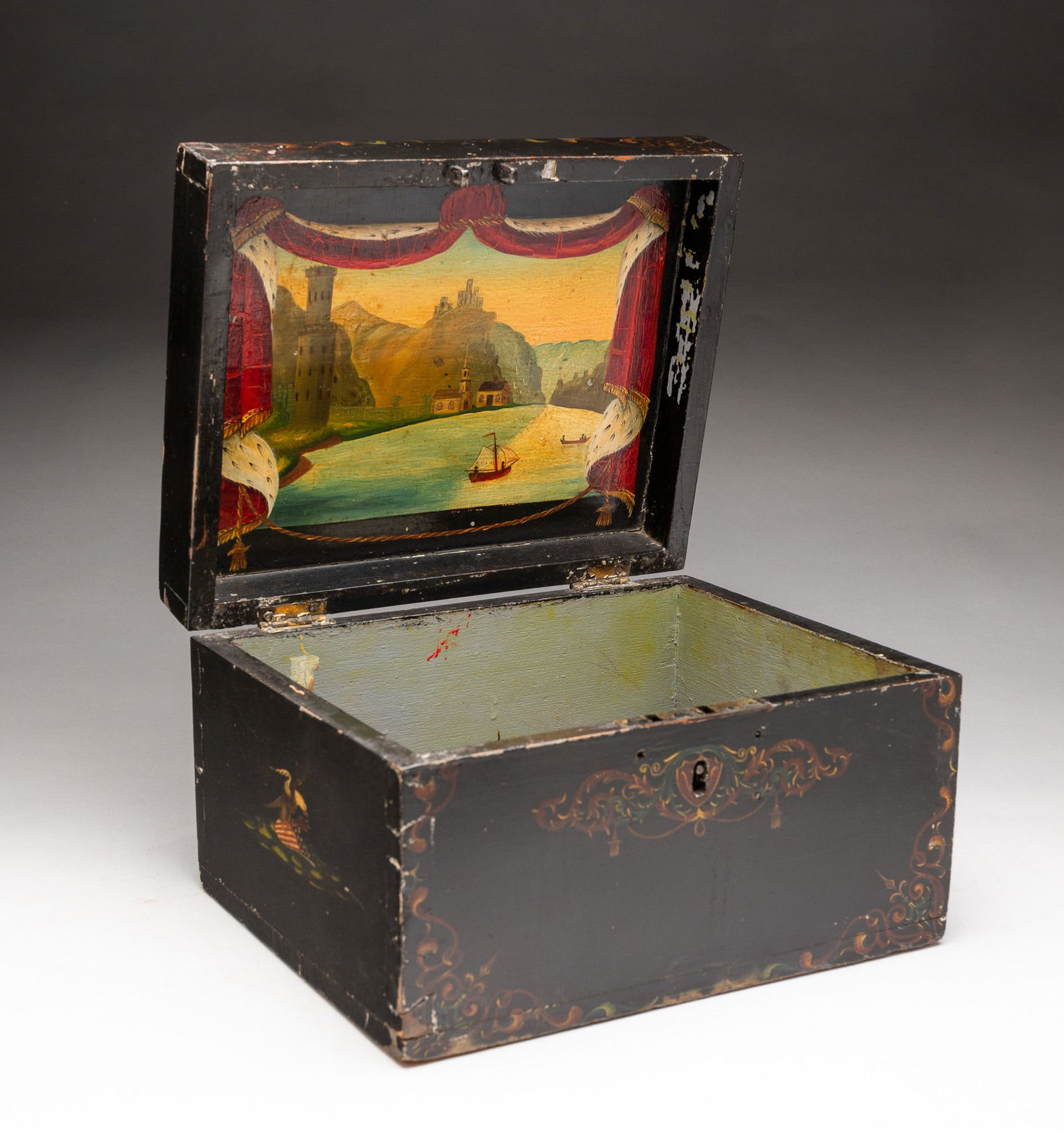 AMERICAN EBONIZED AND PAINT-DECORATED DOCUMENT BOX. 6.25"h. 10.5"w. 8.25"d. (1 of 6)