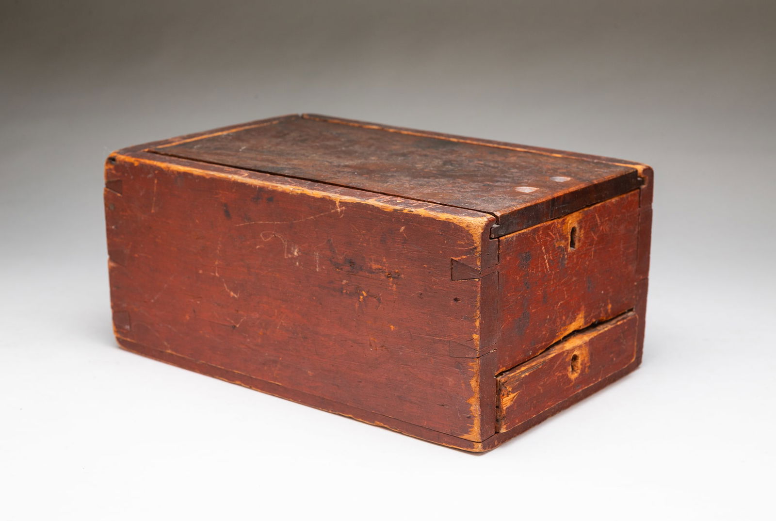 AMERICAN RUST RED-PAINTED PINE SLIDE LID BOX WITH DRAWER. 5"h. 11"w. 7.25"d. (1 of 6)