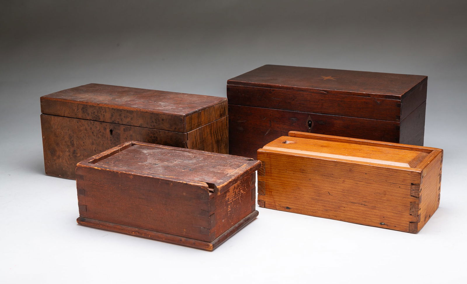 FOUR AMERICAN WOOD BOXES, INCL. MAHOGANY AND MARQUETRY EXAMPLE. Largest, 4.5''h. 9.25" w. 4.5''d. (1 of 7)