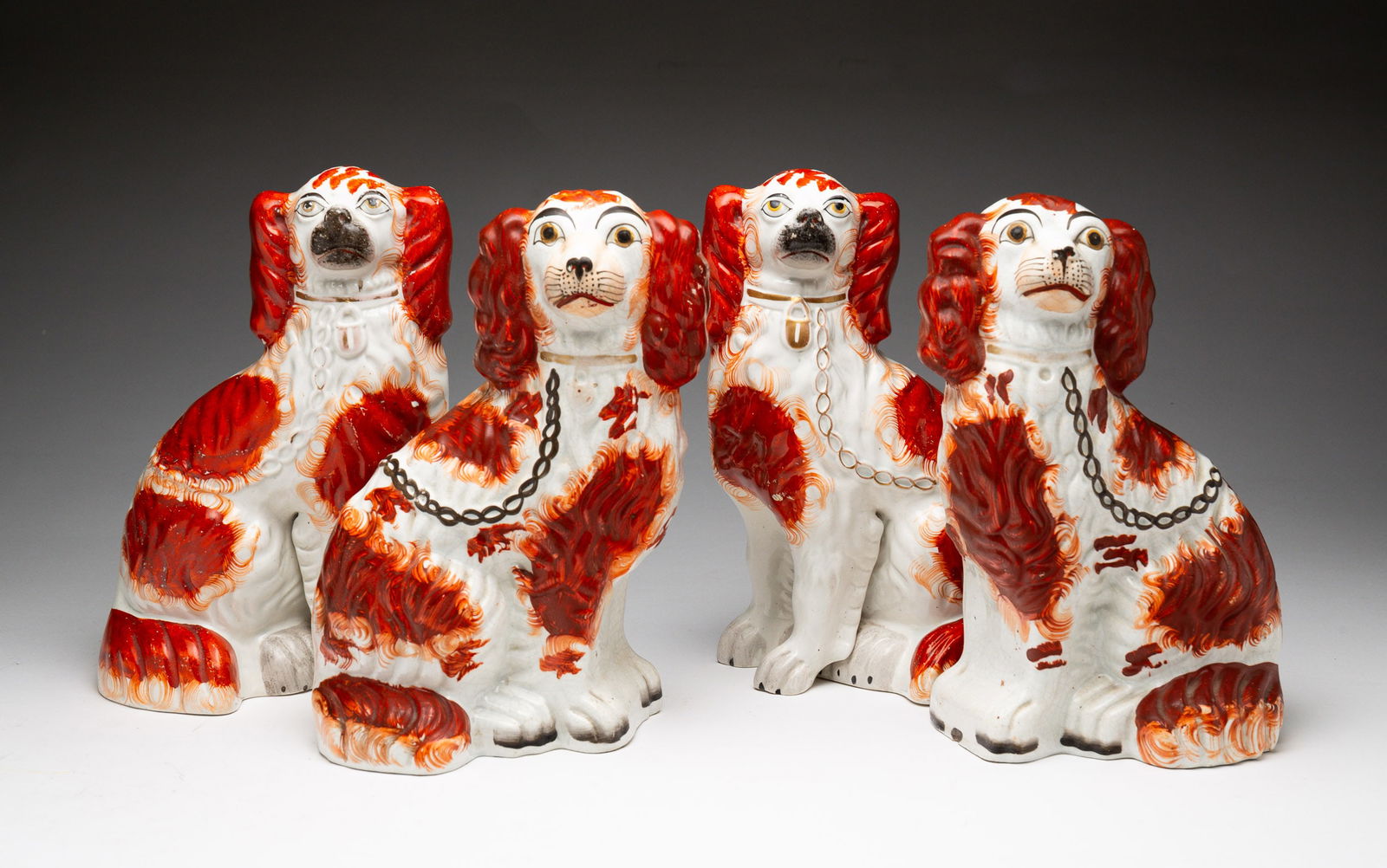 STAFFORDSHIRE SPILL VASE AND FOUR SPANIEL FIGURINES. Tallest, 10.5"h. (1 of 13)