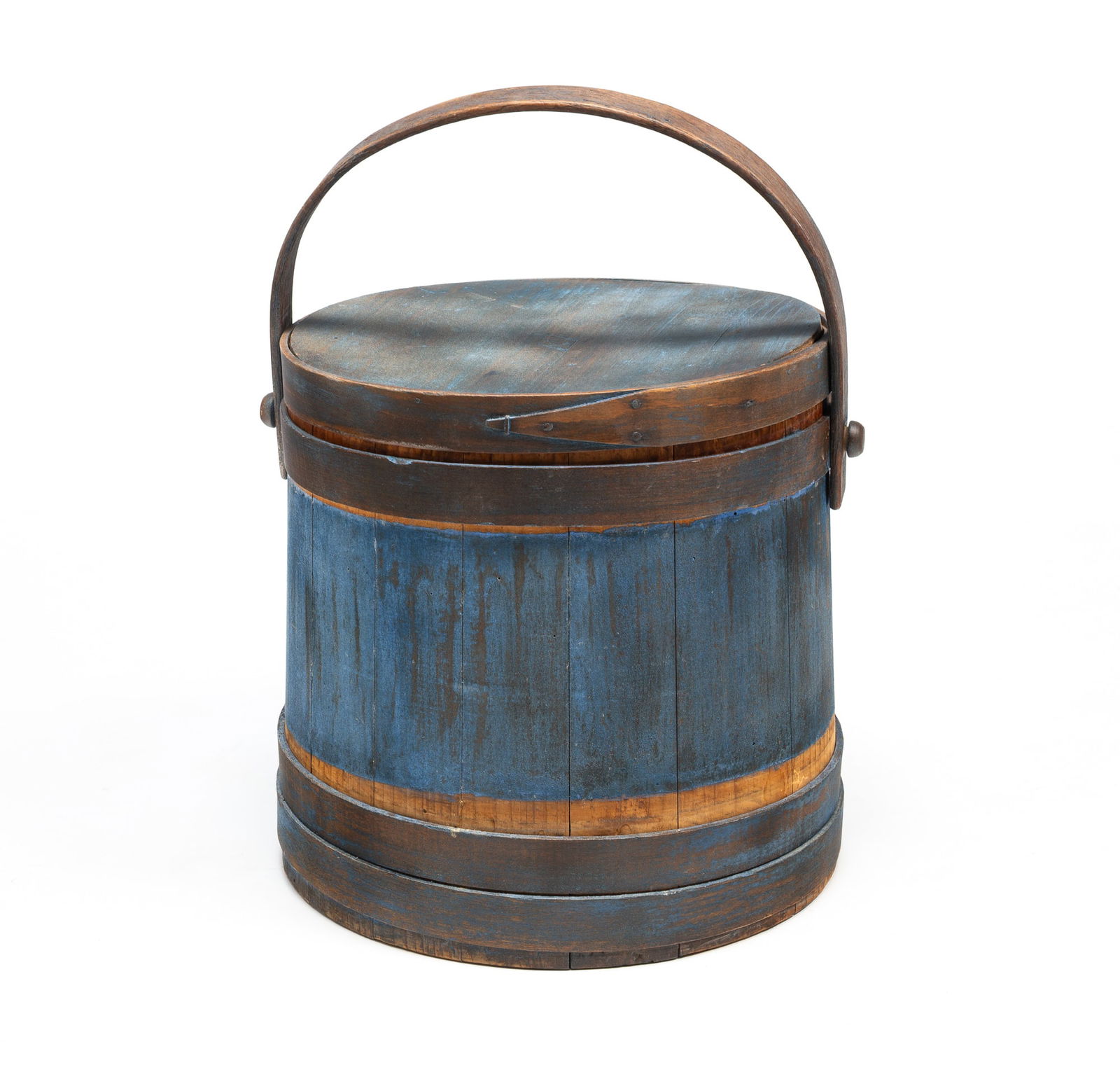 AMERICAN BLUE-PAINTED AND STAVED FIRKIN WITH DIAMOND "L" MARK ON LID. 18"h. 12.25"d. (1 of 5)