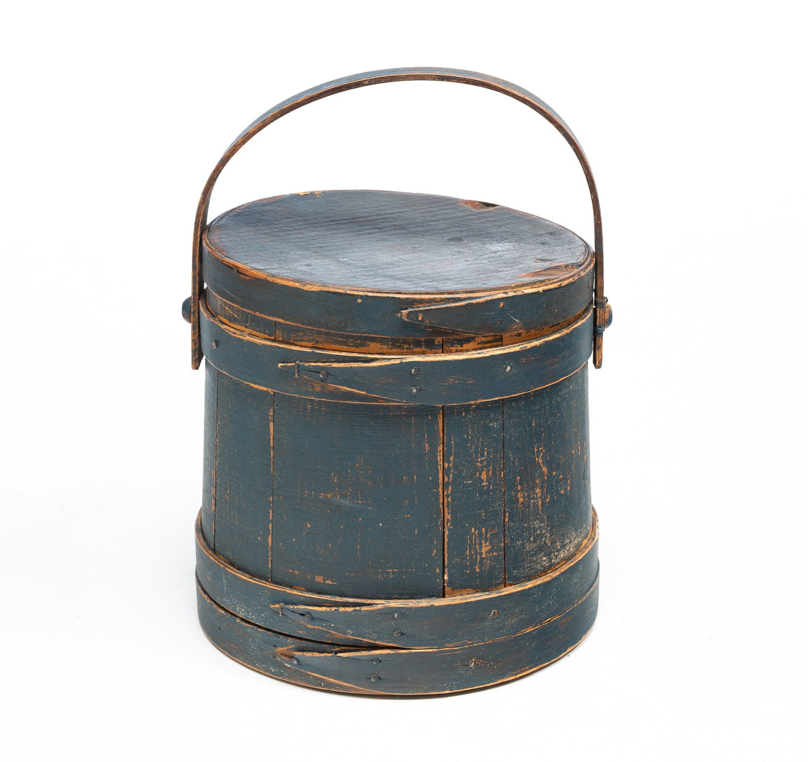 AMERICAN BLUE-PAINTED, STAVED, AND FINGER-LAPPED FIRKIN. 9.5"h. 10.25d. (1 of 5)