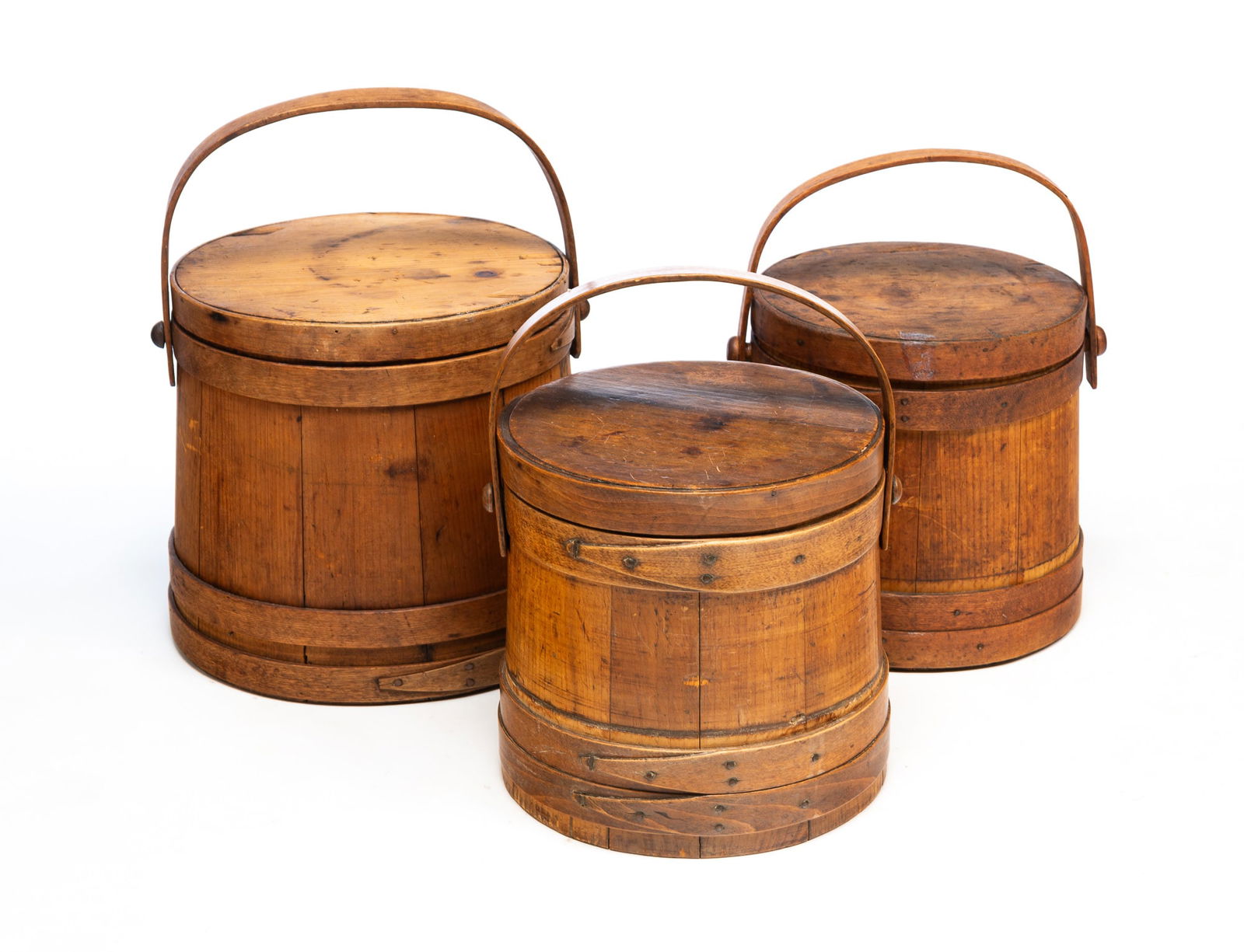 THREE AMERICAN STAVED AND FINGER-LAPPED FIRKINS. Largest, 11"h. 12"d. (1 of 7)