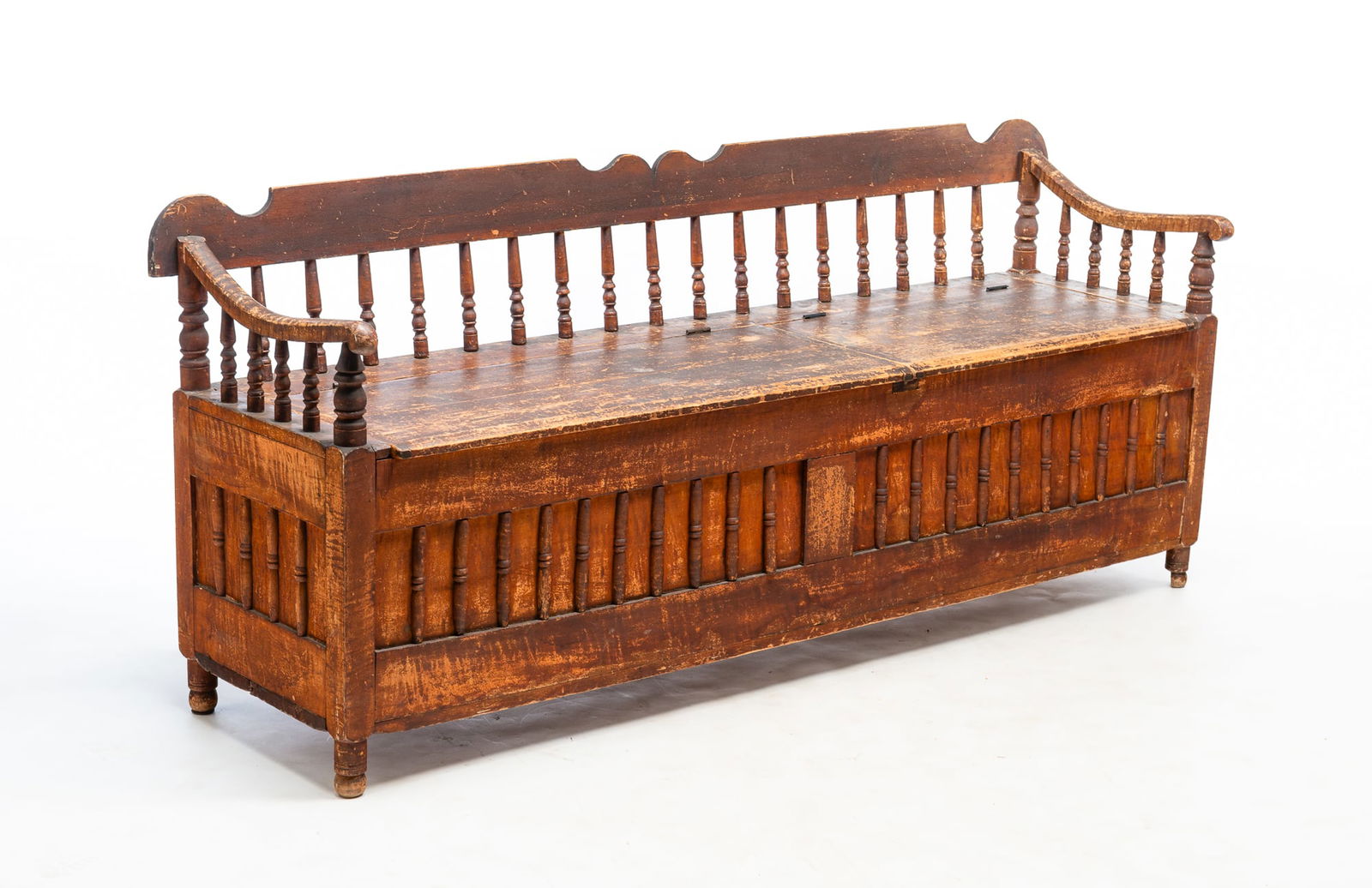 AMERICAN EMPIRE TIGER MAPLE LIFT-SEAT BENCH. 34"h. 76.5"w. 20.75"d. (1 of 6)