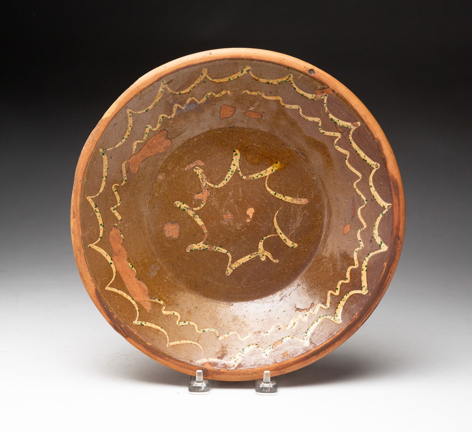 AMERICAN SLIP-DECORATED REDWARE PIE PLATE. 11"d. (1 of 3)