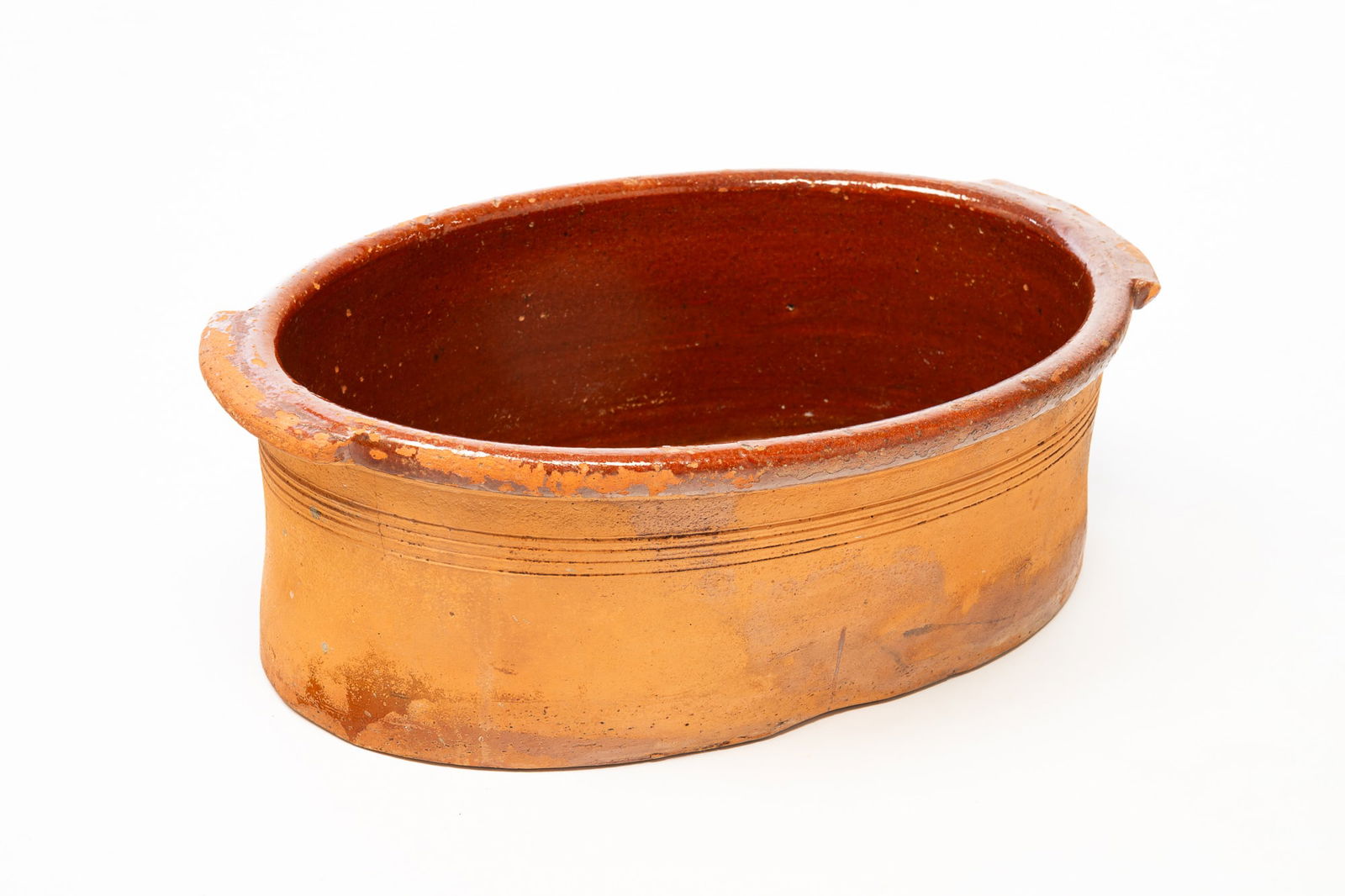 LARGE AMERICAN GLAZED REDWARE DOUBLE-HANDLED BASIN. 7.75"h. 22"w. (1 of 4)